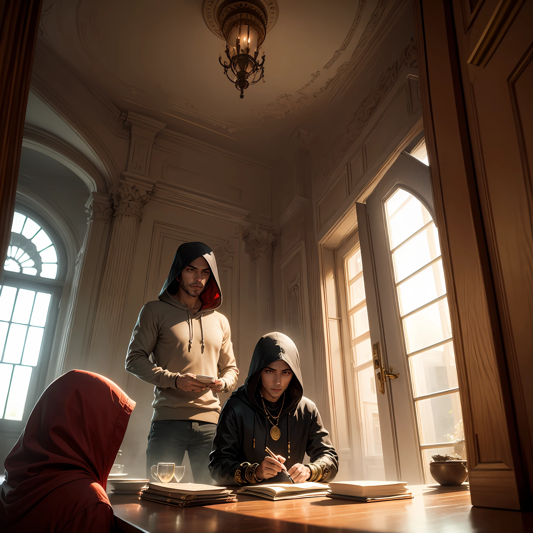 Three thieves stealing inside the hooded mansion and a table with jewels and gold