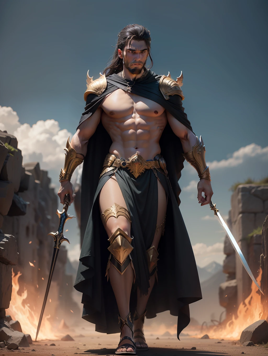 (masterpiece) create a ultra realistic Portrait of a strong and handsome male winged god. The god should have a confident and powerful expression on his face, with piercing eyes that convey his strength and wisdom. His hair should be long and flowing, and his skin should be smooth and flawless.As for clothing, the god should be adorned in regal and luxurious greek like garments, perhaps with a long flowing cape that billows behind him in the wind. He should be carrying a weapon of some sort, perhaps a sword of light or a spear of fire, to signify his strength and power. The overall mood of the image should be one of awe and reverence, with the god depicted in a majestic and god-like manner. The background of the image should be epic and grand, perhaps with clouds or mountains in the distance to further emphasize the god's divine stature. The final image should be awe-inspiring and leave the viewer in no doubt of the god's power and majesty. 3d render, octane render, cinematic, trending on artstation | Isometric | Centered hipereallistic cover photo awesome full color, , hand drawn, dark, gritty, realistic mucha, klimt, erte .12k, intricate. hight definition , cinematic,Rough sketch, mix of bold dark lines and loose lines, bold lines, on paper , full body with silky dress, humanoid, Full body