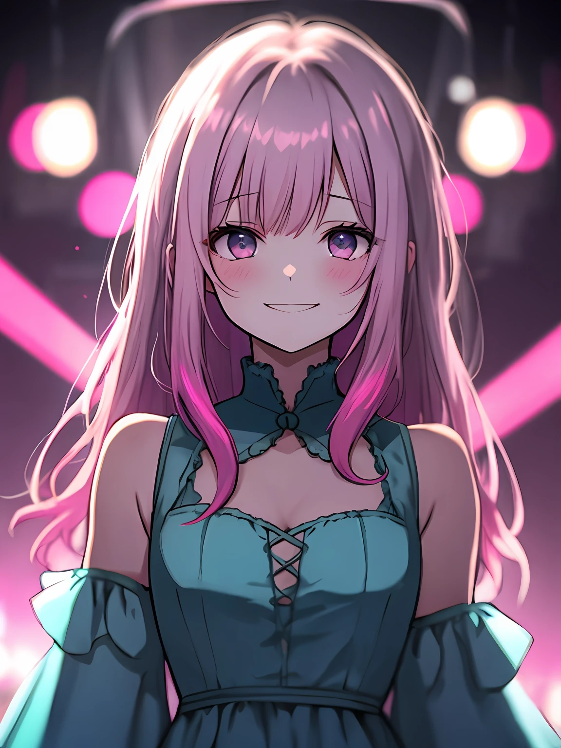 A girl, blue dress, upper-body, Sad smile, Pink light, Neon, Depth of field