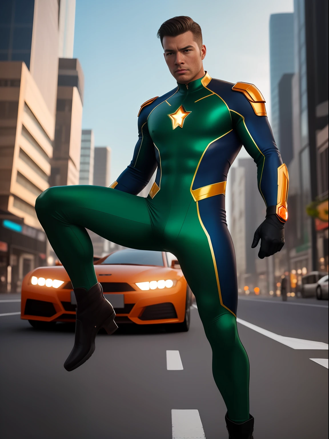 masterpiece, concept-art, Photorealistic, perfect head, Detailed face, Full body, Male, Marvel-style character, Brown hair, Brown eyes, green tight suit, shoulder protections, orange chest ,Men's bright blue transparent G-thongs, big bulge，Stubble，Hairy Thighsorange gloves and boots, medallion with green gem, futuristic asian city background,8K,hdr,Sharp,Detailed,