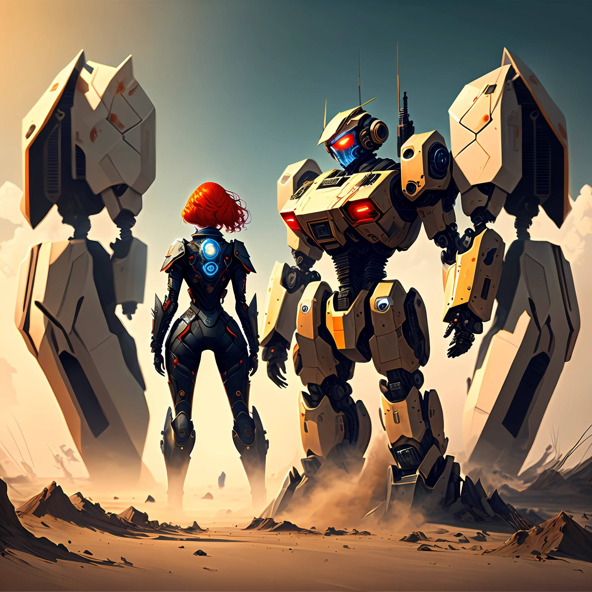 Black mech warrior woman with red hair,Sexy and beautiful。A white robot in the back,Mighty and domineering。Background science fiction。k hd,Extreme light and shadow。 --auto