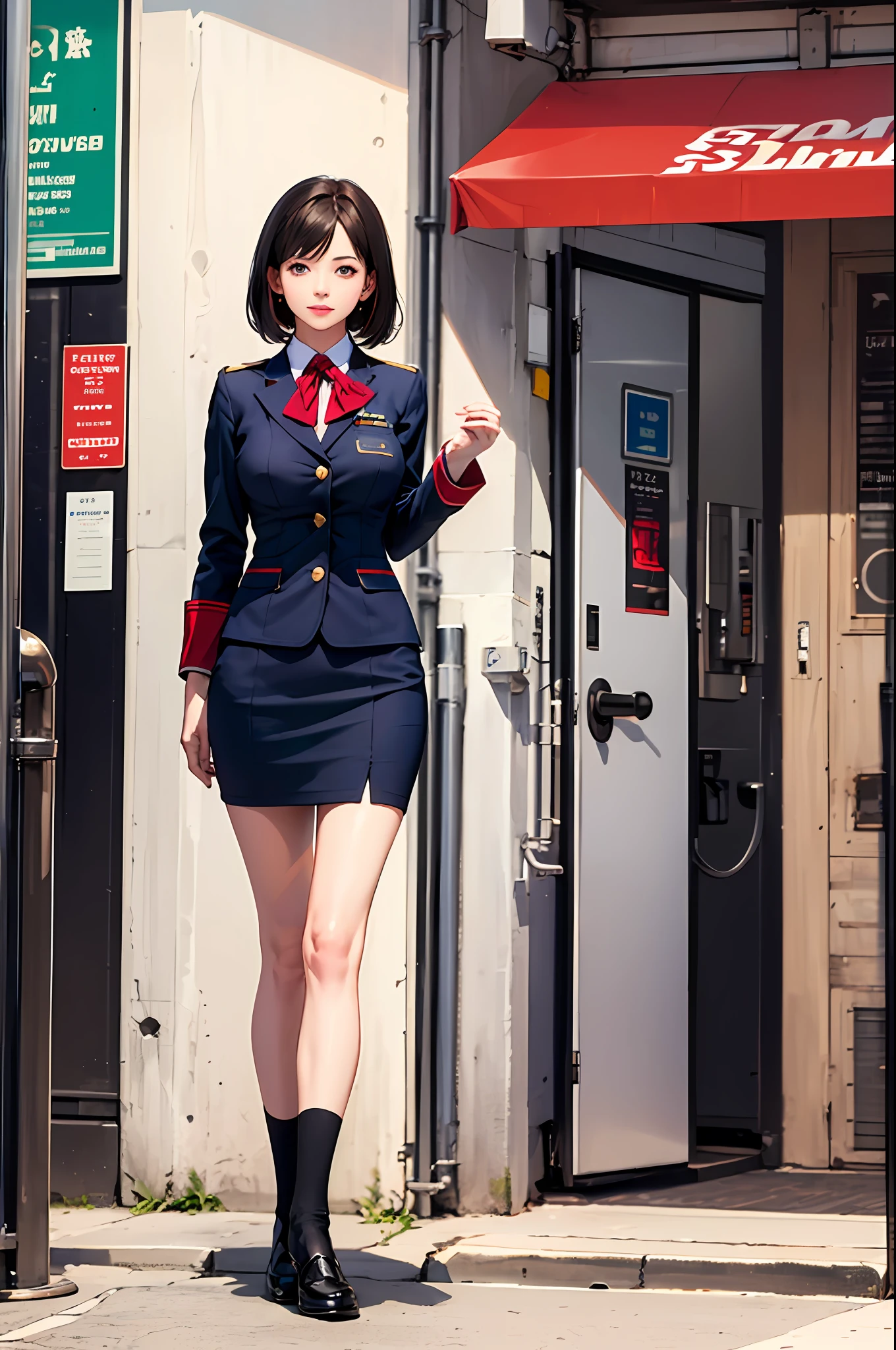 (8k, Best quality, tmasterpiece:1.2), (realisticlying, photo-realistic:1.2), 1fille, corps parfaits, petits seins, (stewardess uniform, Minijupe:1.2, Culotte), collants, jambes minces, 30ans, detailed skin, Regarder le spectateur, in the airport, marchant