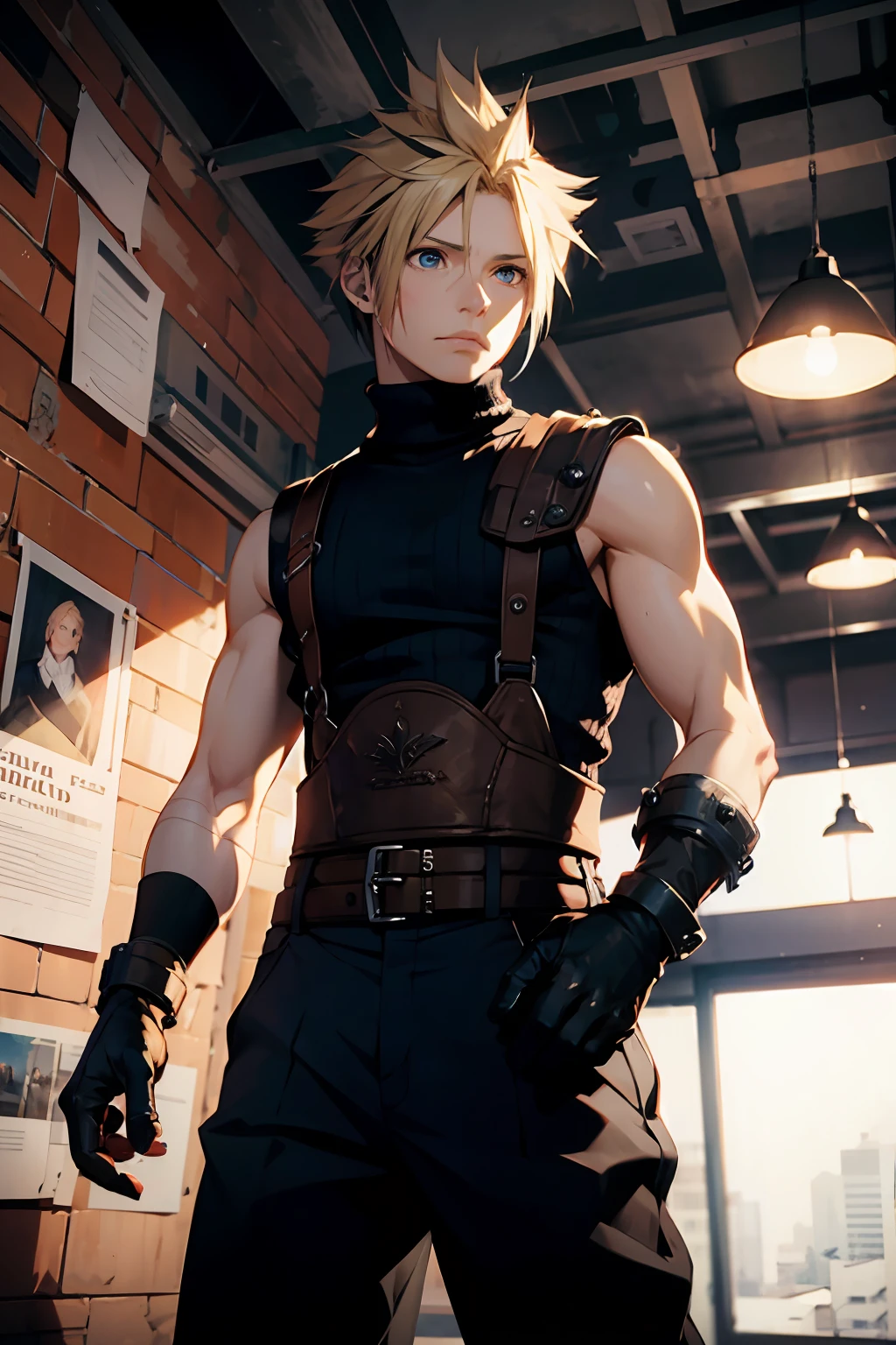 (best quality), (masterpiece), (realistic,) (photo-realistic), ultra-detailed,(looking down:1.2),
1boy,male focus, ,
cloud strife, shoulder armor, sleeveless turtleneck, suspenders, belt, baggy pants, gloves, 
(shaded face:1.1), (sad:1.2),
indoor,country,
professional lighting, photon mapping, physically-based rendering,