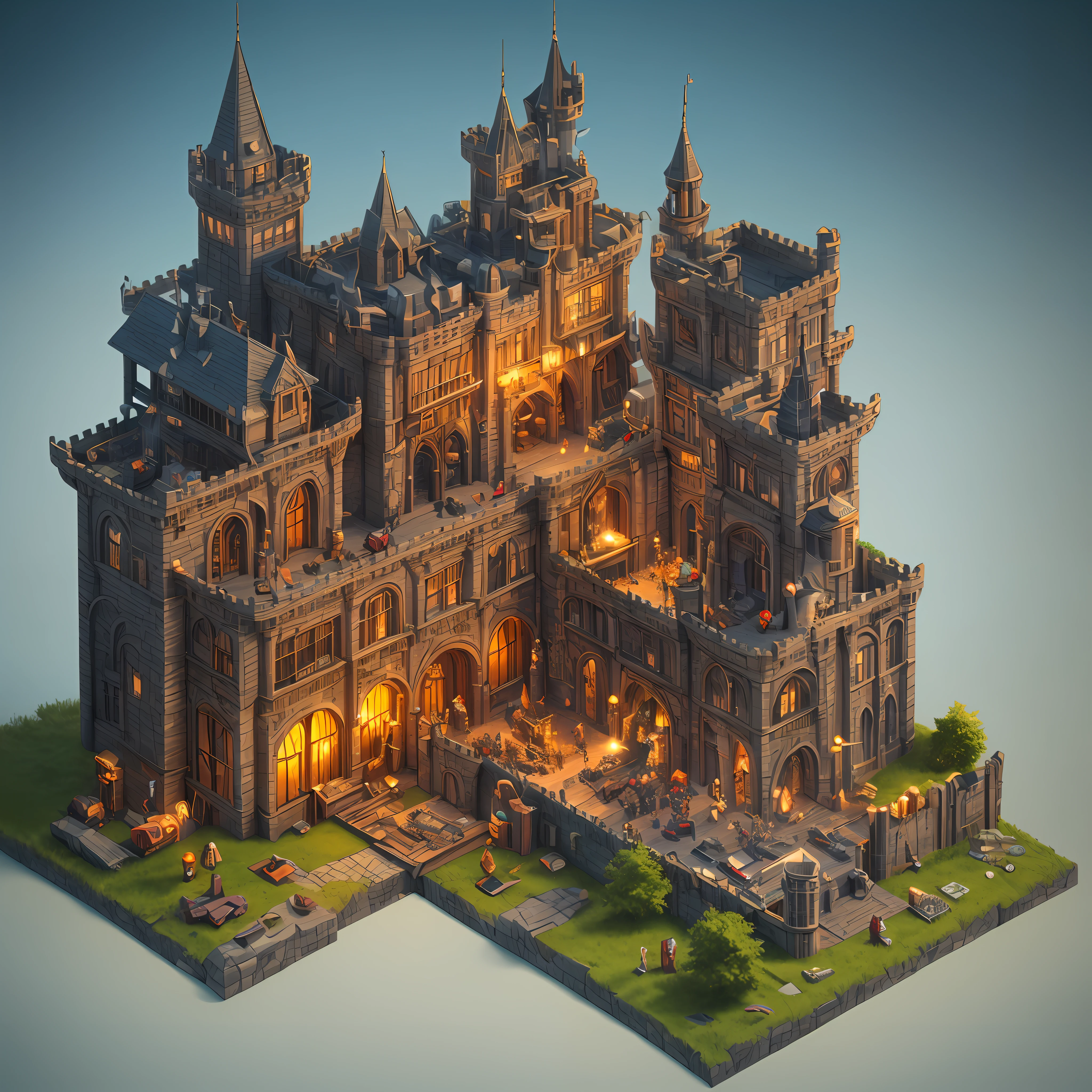 high detailed 3d render of a steampunk isometric castle, with machines, vapor and fog, dark lights, --auto