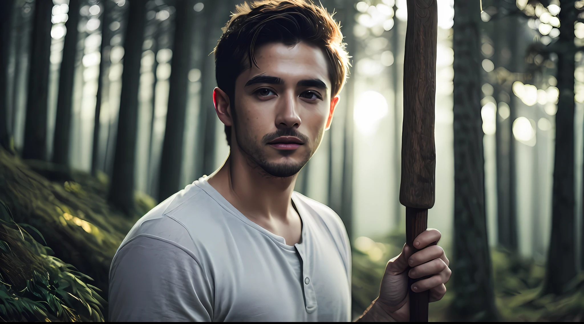 close-up photo of a simple-looking country man named Gabriel with a wooden stick in his hands to touch the herd, very handsome in the forest, soft volumetric lights (backlight: 1.3), (Cinematics: 1.2), intricate details (art season: 1.3), Rutkowski