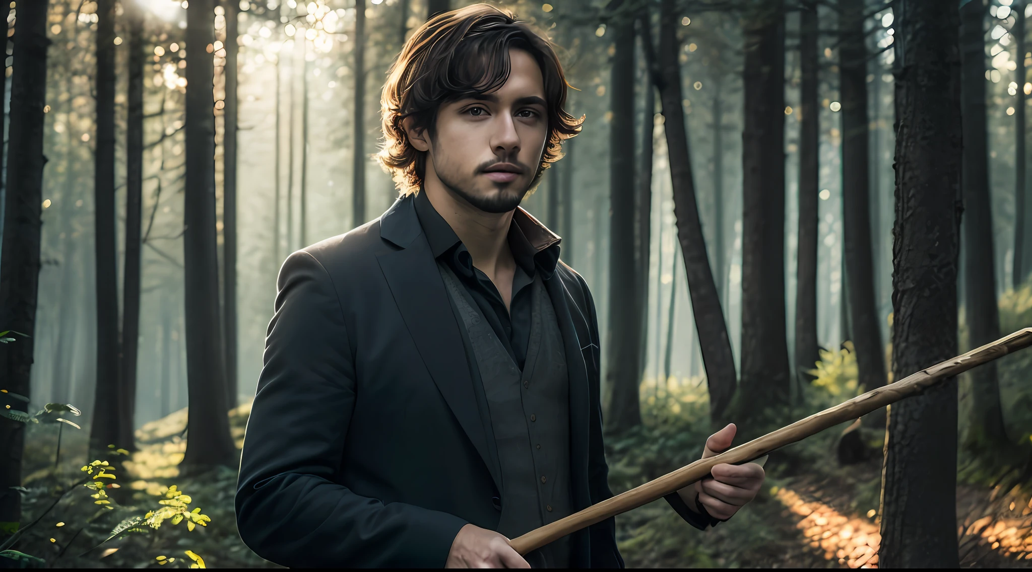 close-up photo of a simple-looking country man named Gabriel with a wooden stick in his hands to touch the herd, very handsome in the forest, soft volumetric lights (backlight: 1.3), (Cinematics: 1.2), intricate details (art season: 1.3), Rutkowski