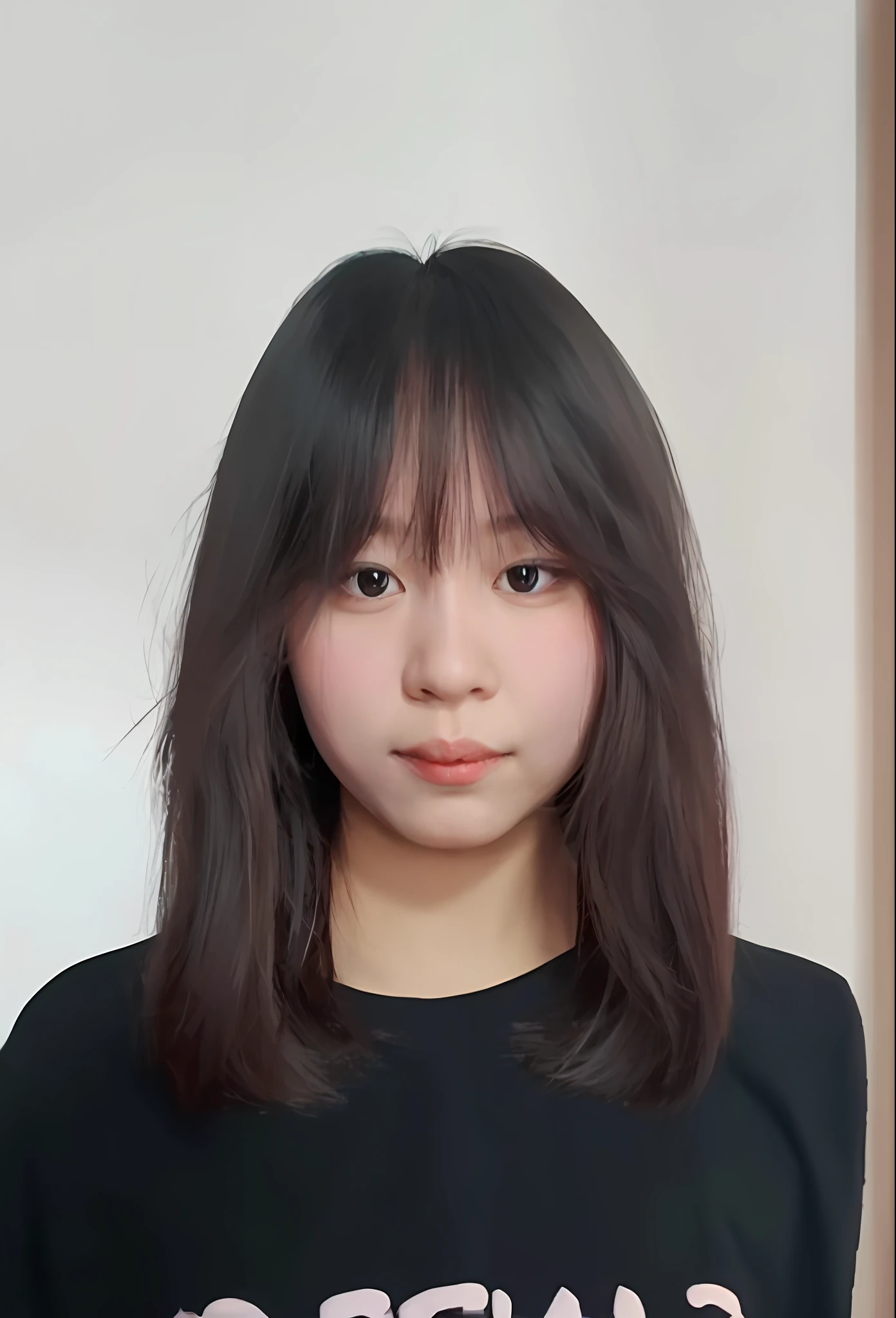 a close up of a person wearing a black shirt with a pink logo, south east asian with round face, Korean symmetrical face, tidy hair，By bangs, jaeyeon nam, xintong chen, with round face, heonhwa choe, wenfei ye, chengyou liu, headshot profile picture, with short hair, xision wu, Kim Tae-joon