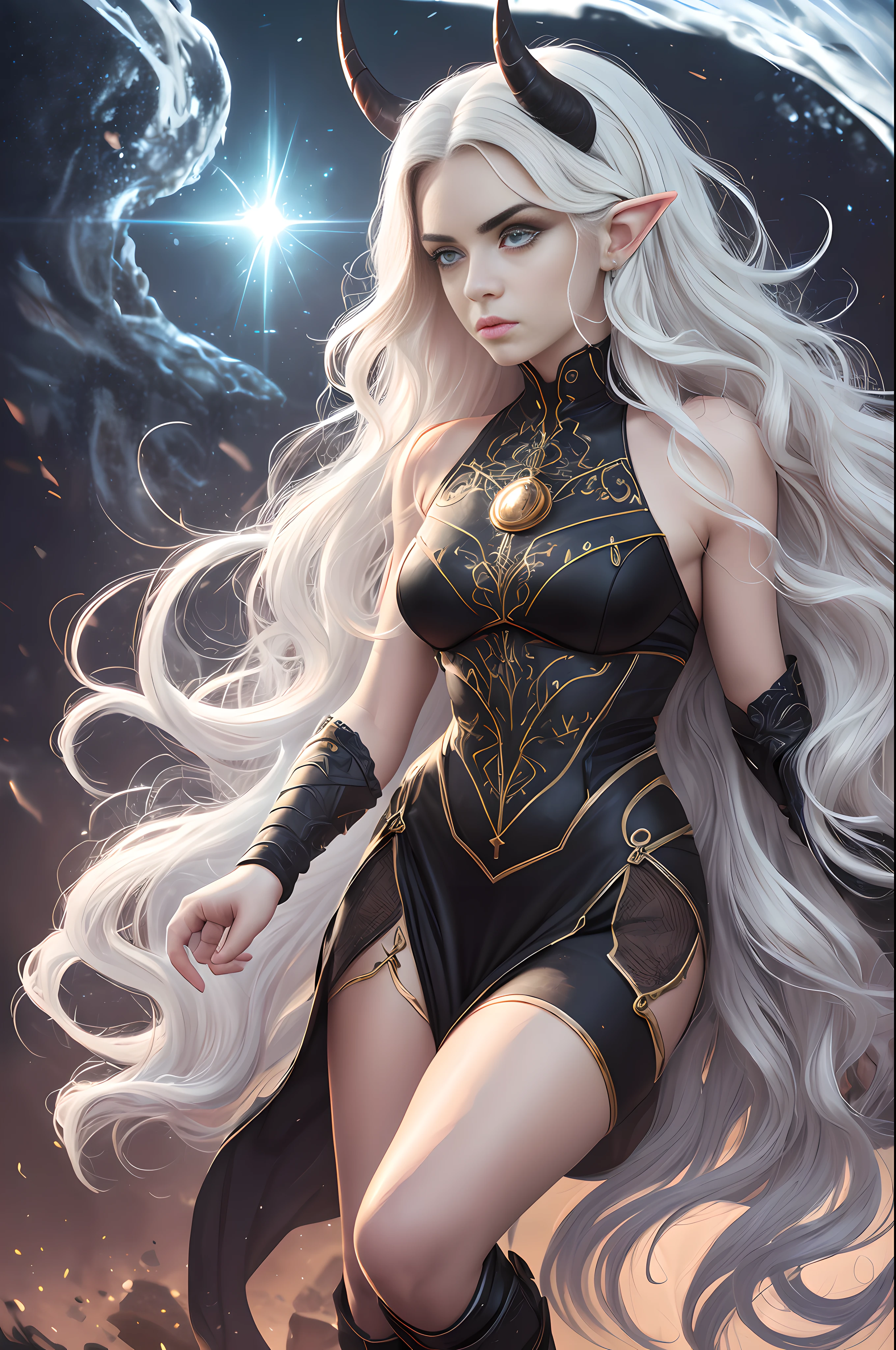 zoom out low angle action pose, full body, masterpiece, (photorealistic:1.4), Billie Eilish as a tiefling warlock with black horns she is wearing intrincate historically accurate medieval clothes with light armor in silver tracery , ((wavy white hair)), ((slim body type)), (perfect body:1.1), HD, realistic skin texture, 8k, dnd, thick bushy eyebrows, (high sharpness),(perfect amber color eyes),(digital painting:1.1), best quality, (highly detailed photo:1.1),looking away, black smoky eyeshadow and bushy eyebrows, perfect proportions, intricate details, solo, RAW photo, 8k uhd, relistic skin texture, vivid colors,(skindentation:1.5), (masterpiece:1.5), (hyperrealistic:1.1), ((full_body)), (((wavy hairstyle))), (((perfect hands))), (extremely detailed background), ((dynamic background)), ((detailed eyes, high quality eyes, high quality face)), ((dramatic)), epic, depth of field, dark medieval