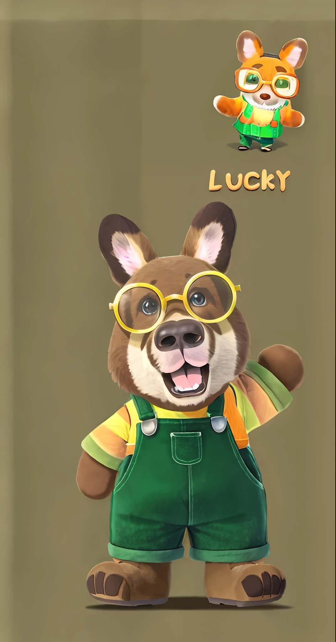 A brown bear wearing glasses and overalls，Wear a green shirt, animal crossing character, acnh,  animal crossing characters, cute character, animal crossing style, The anime is called Brown Bear, Cute anthropomorphic brown bear, miffy, 《Zootopia》