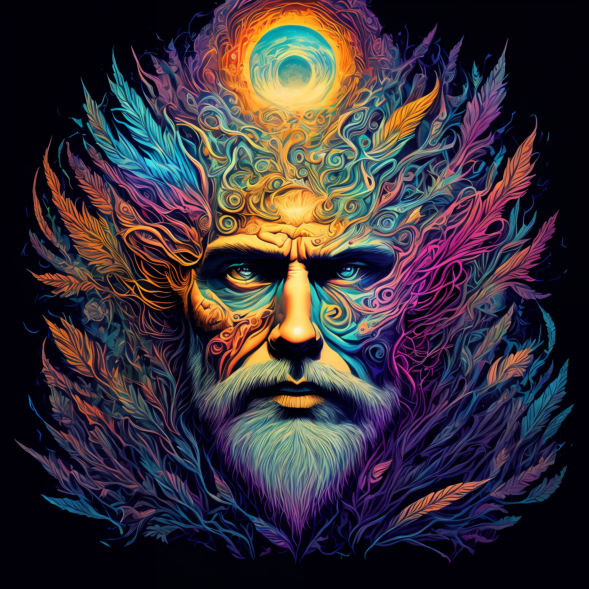 a painting of a man with a beard and a colorful face, visionary art style, psychedelic art style, dan mumford and alex grey style, hyper - detailed visionary art, psychedelic flowing hair, psychedelic art, psychedelic illustration, enlightenment tripping on dmt, psychedelic dmt, hyper detailed visionary art, psychedelic artwork, highly detailed visionary art, psychedelic style, while tripping on dmt --auto