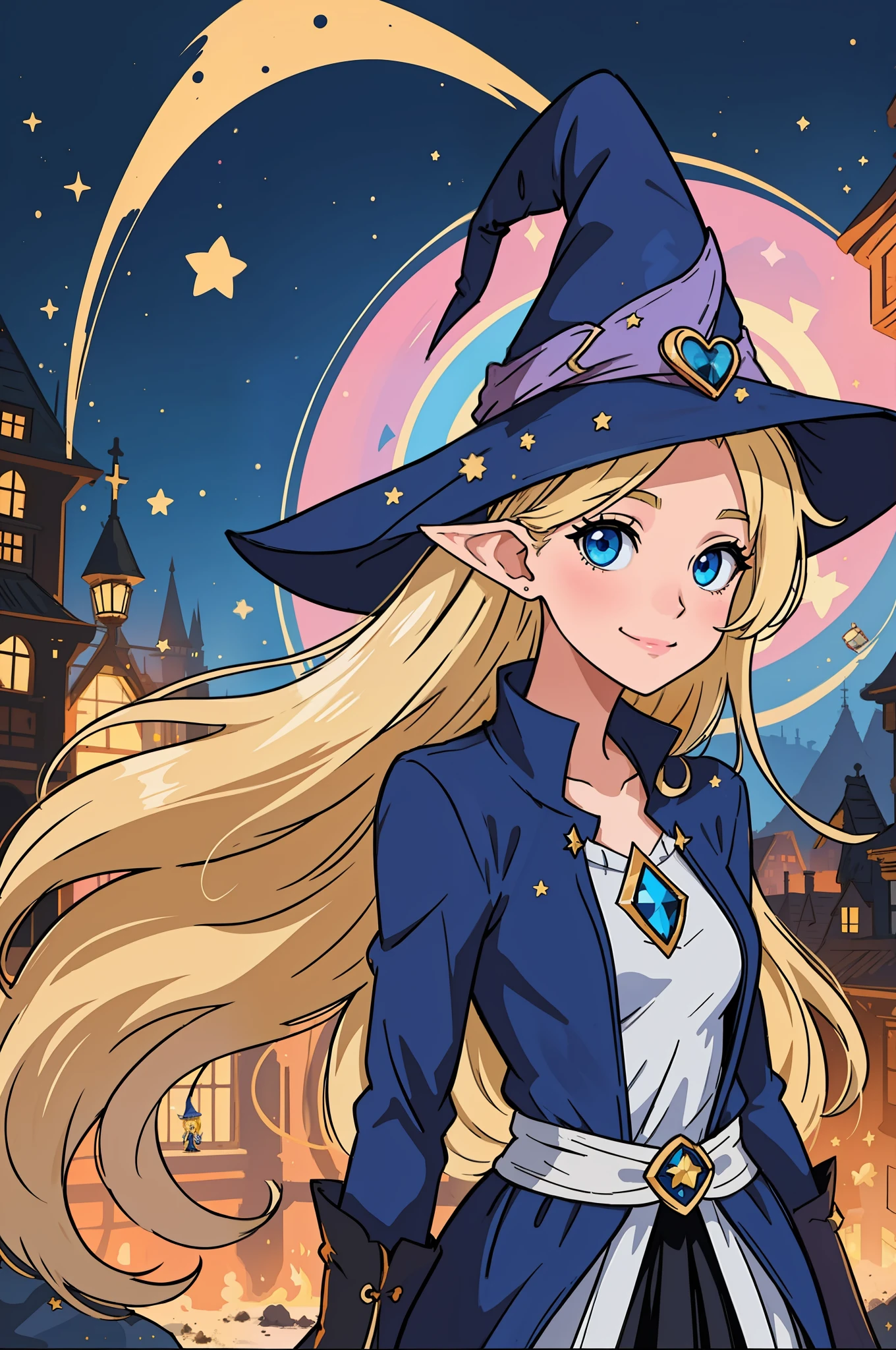 The perfect masterpiece,Highest quality,Perfect artwork,8K,Upper Body Lens,front portrait,Delicate face,Face Close-up,Watching the audience, Wizard apprentice girl,(pointy royal blue witch hat:1.3),(white star print on hat:0.8),Magical transparent eyes,(dirty blonde hair:1.2),(young:1.4),(tiny breasts:1.3),large eyes,happy,warm smile,slender,slim build,thin waist,(💖:1.3),Digital Art,plane illustrations,colorful illustration,minimalist style,anime cartoon style,glowing magical effects, fantasy city background, elf ears
