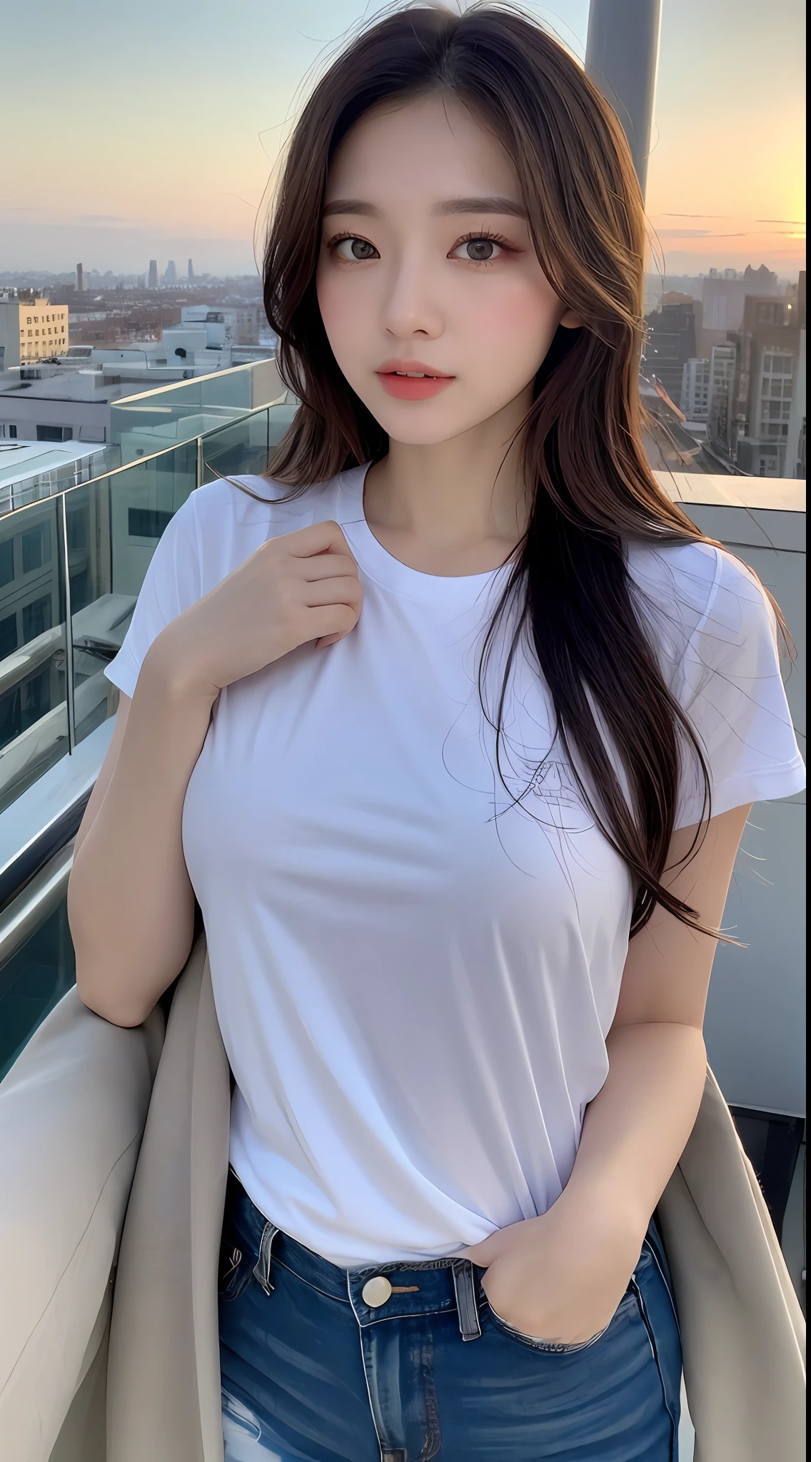 ((Midnight, Best quality, 8k, Masterpiece :1.3)), Whole body, Long legs, Sharp focus :1.2, A pretty woman with perfect figure :1.4, Slender abs :1.1, ((Dark brown hair, Big breasts :1.2)), (White tight tshirt, Jean bib, Standing:1.2), ((Night city view, Rooftop:1.3)), Highly detailed face and skin texture, Detailed eyes, Double eyelid