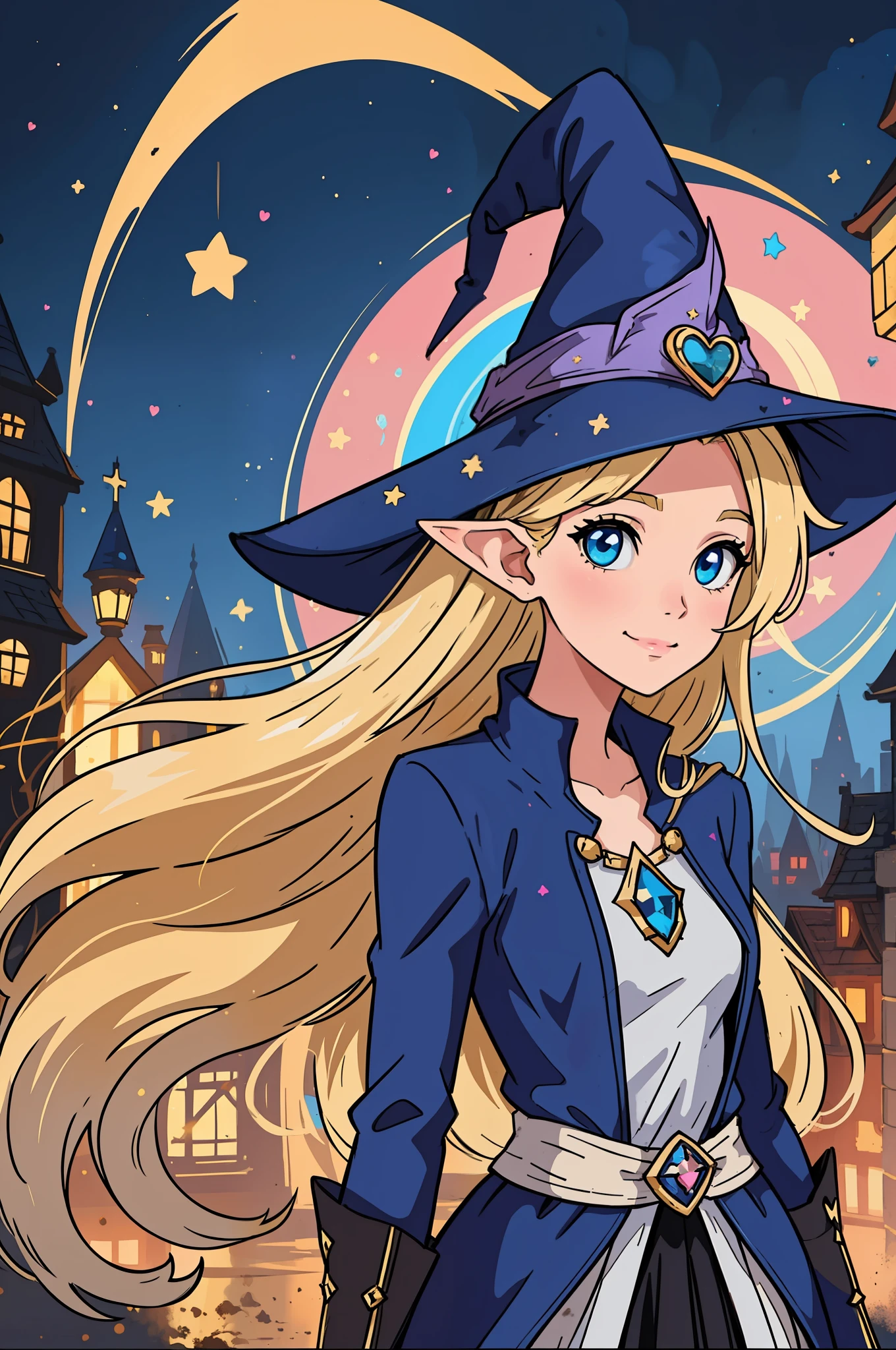 The perfect masterpiece,Highest quality,Perfect artwork,8K,Upper Body Lens,front portrait,Delicate face,Face Close-up,Watching the audience, Wizard apprentice girl,(pointy royal blue witch hat:1.3),(white star print on hat:0.8),Magical transparent eyes,(dirty blonde hair:1.2),(young:1.4),(tiny breasts:1.3),large eyes,happy,warm smile,slender,slim build,thin waist,(💖:1.3),Digital Art,plane illustrations,colorful illustration,minimalist style,anime cartoon style,glowing magical effects, fantasy city background, elf ears