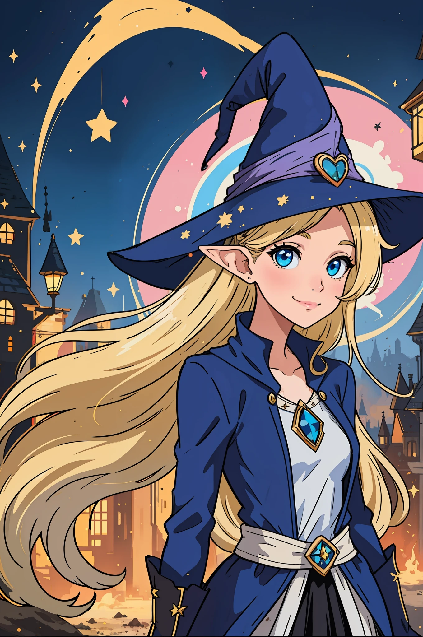 The perfect masterpiece,Highest quality,Perfect artwork,8K,Upper Body Lens,front portrait,Delicate face,Face Close-up,Watching the audience, Wizard apprentice girl,(pointy royal blue witch hat:1.3),(white star print on hat:0.8),Magical transparent eyes,(dirty blonde hair:1.2),(young:1.4),(tiny breasts:1.3),large eyes,happy,warm smile,slender,slim build,thin waist,(💖:1.3),Digital Art,plane illustrations,colorful illustration,minimalist style,anime cartoon style,glowing magical effects, fantasy city background, elf ears