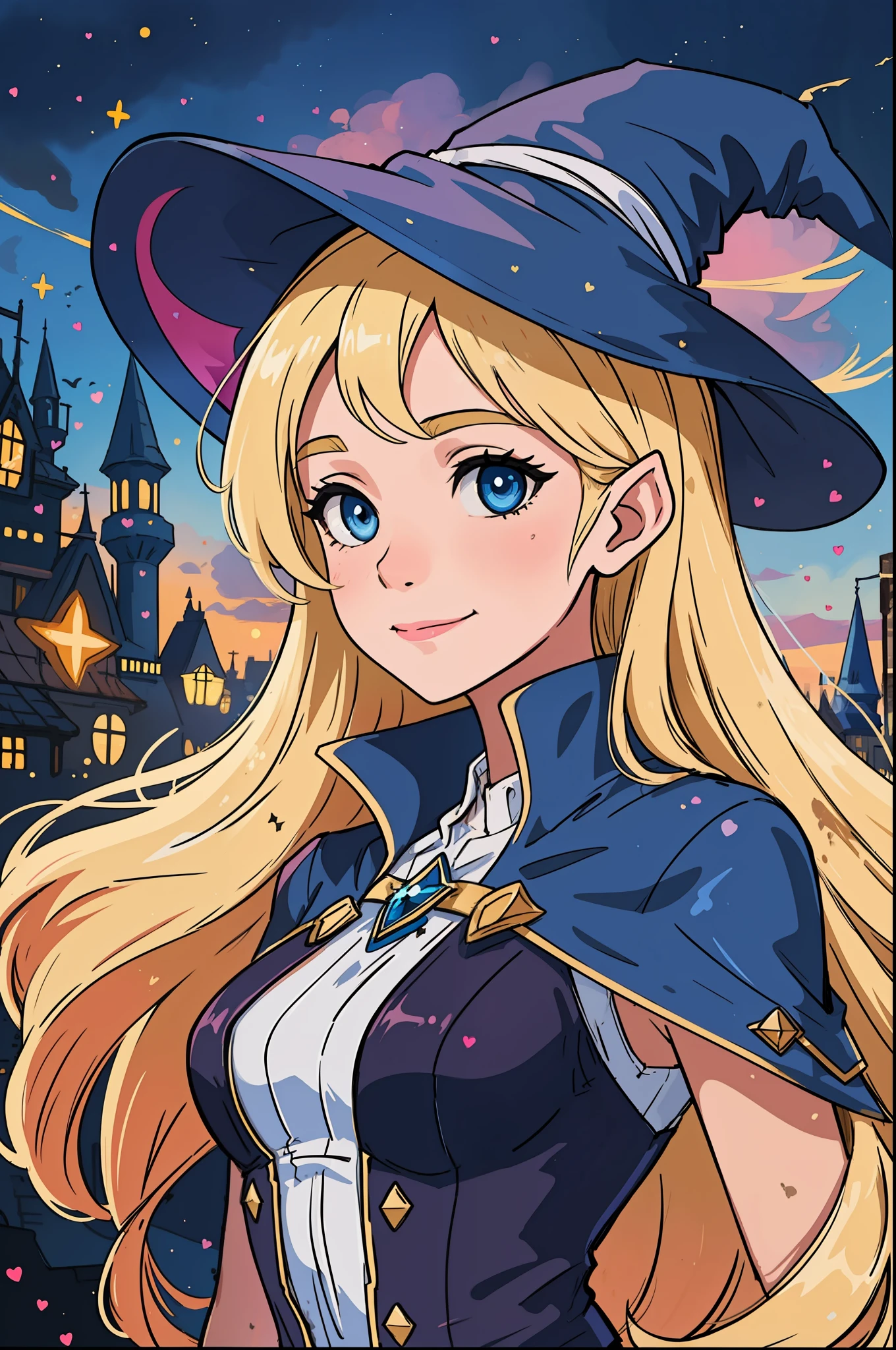 The perfect masterpiece,Highest quality,Perfect artwork,8K,Upper Body Lens,front portrait,Delicate face,Face Close-up,Watching the audience, Wizard apprentice girl,(pointy royal blue witch hat:1.3),(white star print on hat:0.8),Magical transparent eyes,(dirty blonde hair:1.2),(young:1.4),(small breasts:1.3),large eyes,happy,warm smile,slender,slim build,thin waist,(💖:1.3),Digital Art,plane illustrations,colorful illustration,minimalist style,anime cartoon style,glowing magical effects, fantasy city background, elf ears