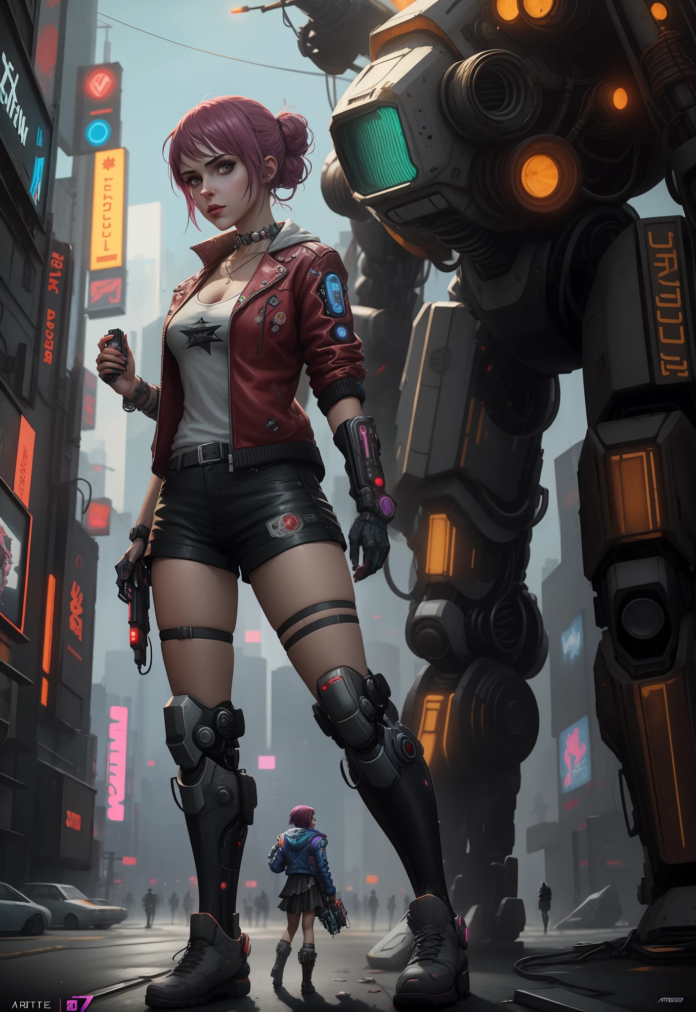 anime girl in leather jacket and boots standing in front of giant robot, arte digital do anime cyberpunk, cyberpunk digital - arte de anime, arte de anime cyberpunk, Wojtek FUS, cyberpunk  anime mech, cyberpunk themed art, arte cyberpunk anime, Anime cyberpunk moderno, estilo de arte cyberpunk, cyberpunk 2077 rossdraw, Directed by: Jeremy Chong, [ trending in cgsociety ]!!