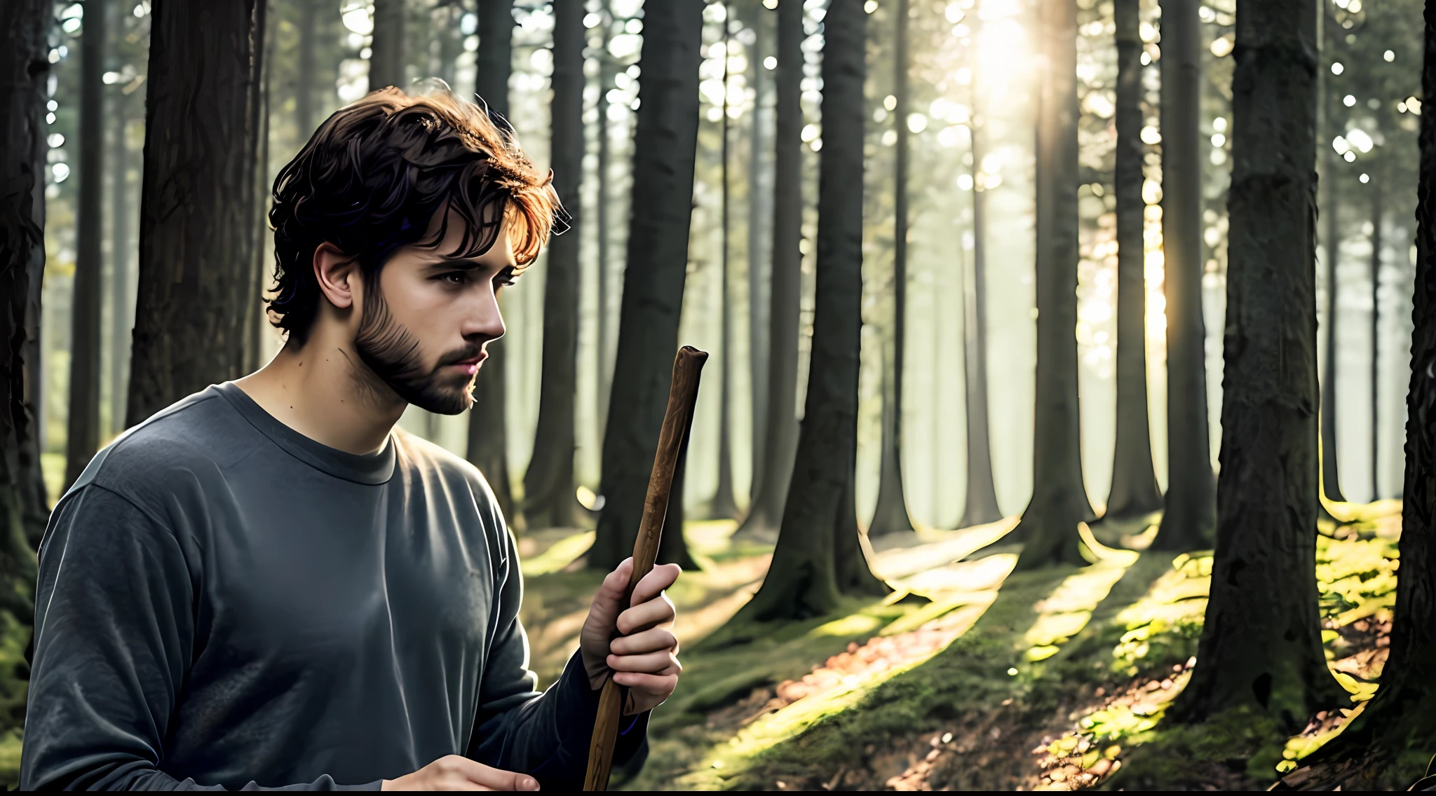 close-up photo of a simple-looking country man named Gabriel with a wooden stick in his hands to touch the herd, very handsome in the forest, soft volumetric lights (backlight: 1.3), (Cinematics: 1.2), intricate details (art season: 1.3), Rutkowski