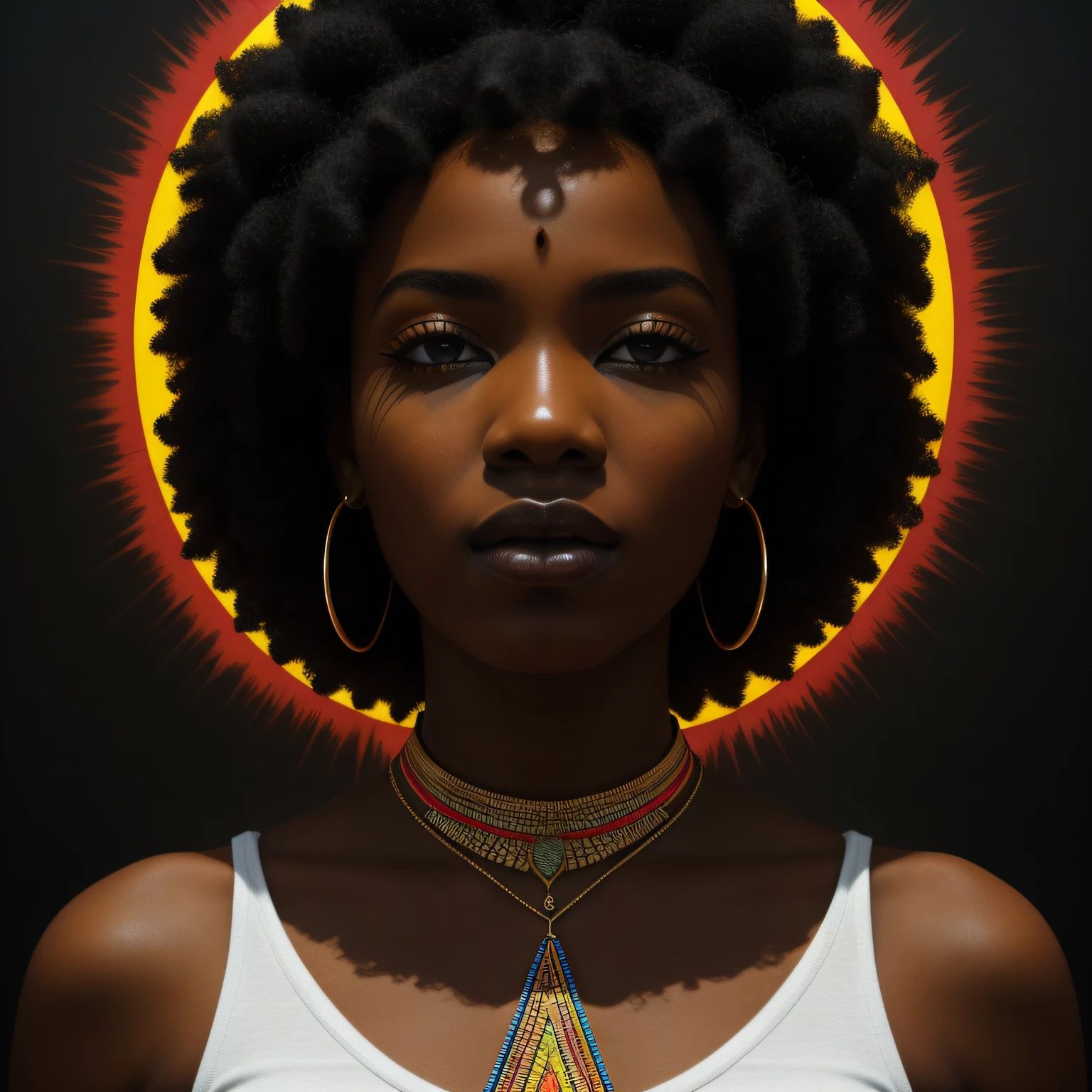 Uma imagem de uma mulher negra retratada em um estilo afrofuturista, mixing elements of science fiction and African culture. A obra de arte apresenta cores vibrantes, intricate patterns and futuristic elements, refletindo o poder e o potencial das mulheres negras. This style is suitable for a bold and visionary piece of wall art.