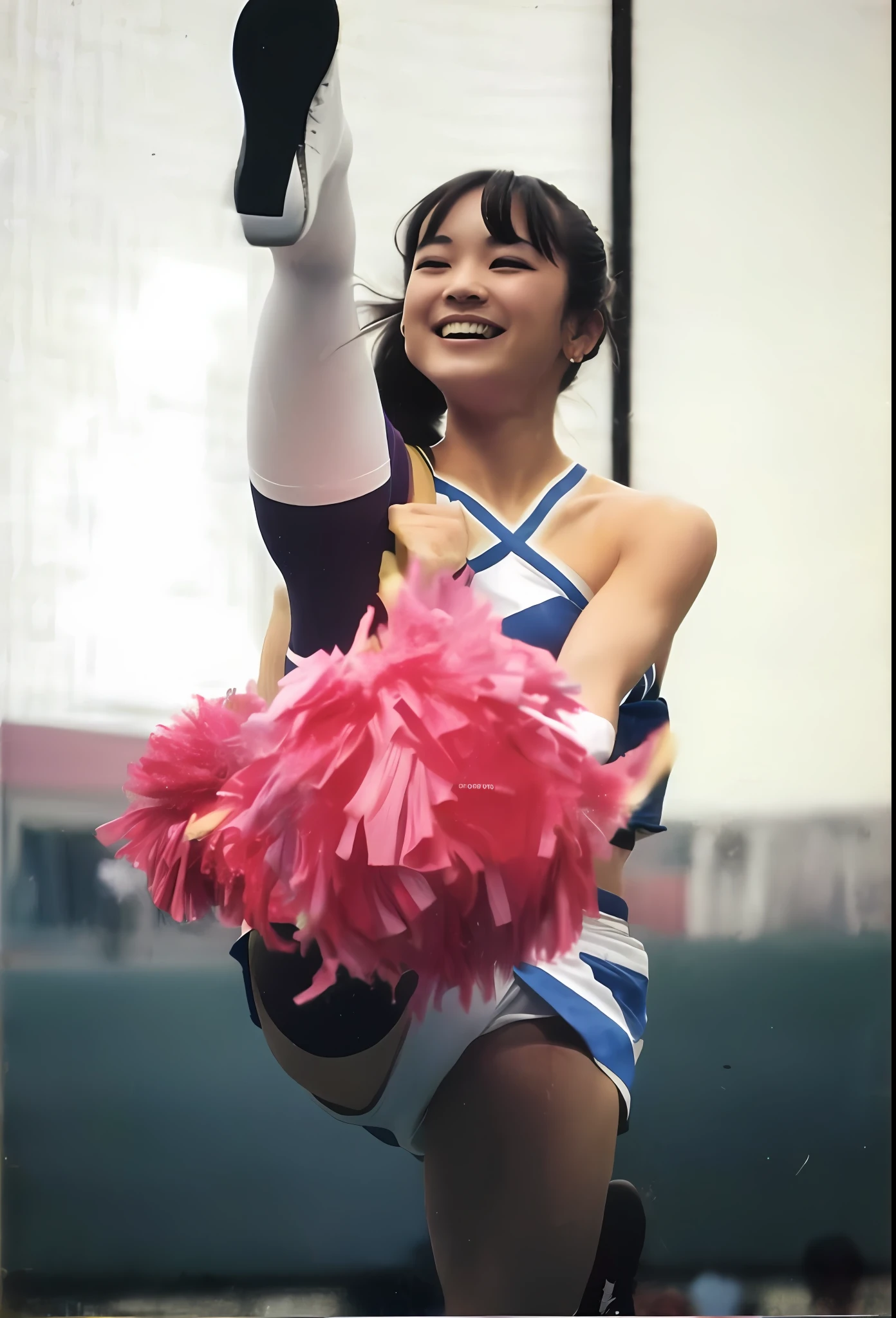 arafed cheerleader in a cheer uniform holding a pink pom pom, Highkick、Ultra mini skirt、cheer girl、White panty、Beautiful pictures、Beautiful facial features、a smile、thighs thighs thighs thighs、white boots、80's japanese photo,