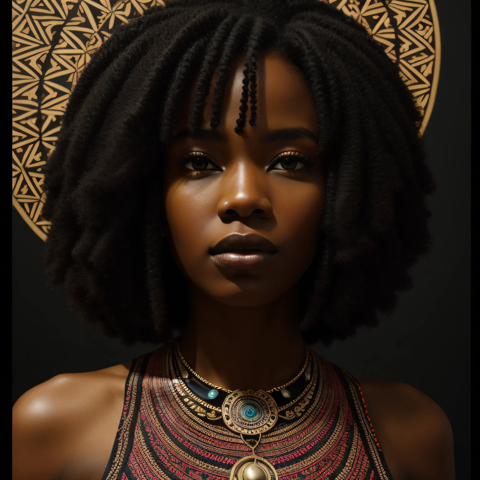 Uma imagem de uma mulher negra retratada em um estilo afrofuturista, mixing elements of science fiction and African culture. A obra de arte apresenta cores vibrantes, intricate patterns and futuristic elements, refletindo o poder e o potencial das mulheres negras. This style is suitable for a bold and visionary piece of wall art.