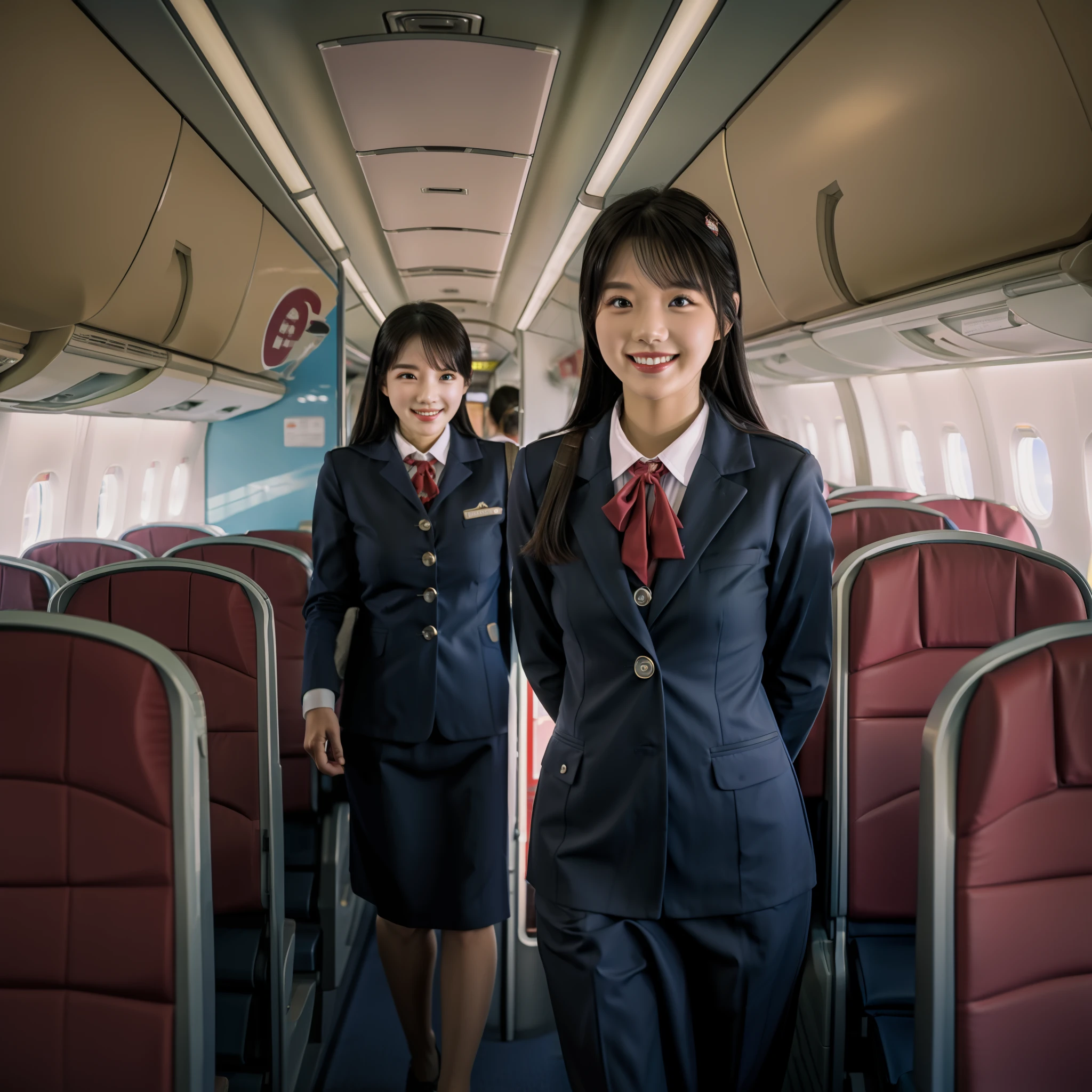 stewardess,Serve passengers in the cabin aisle,Smiling,Bag header,