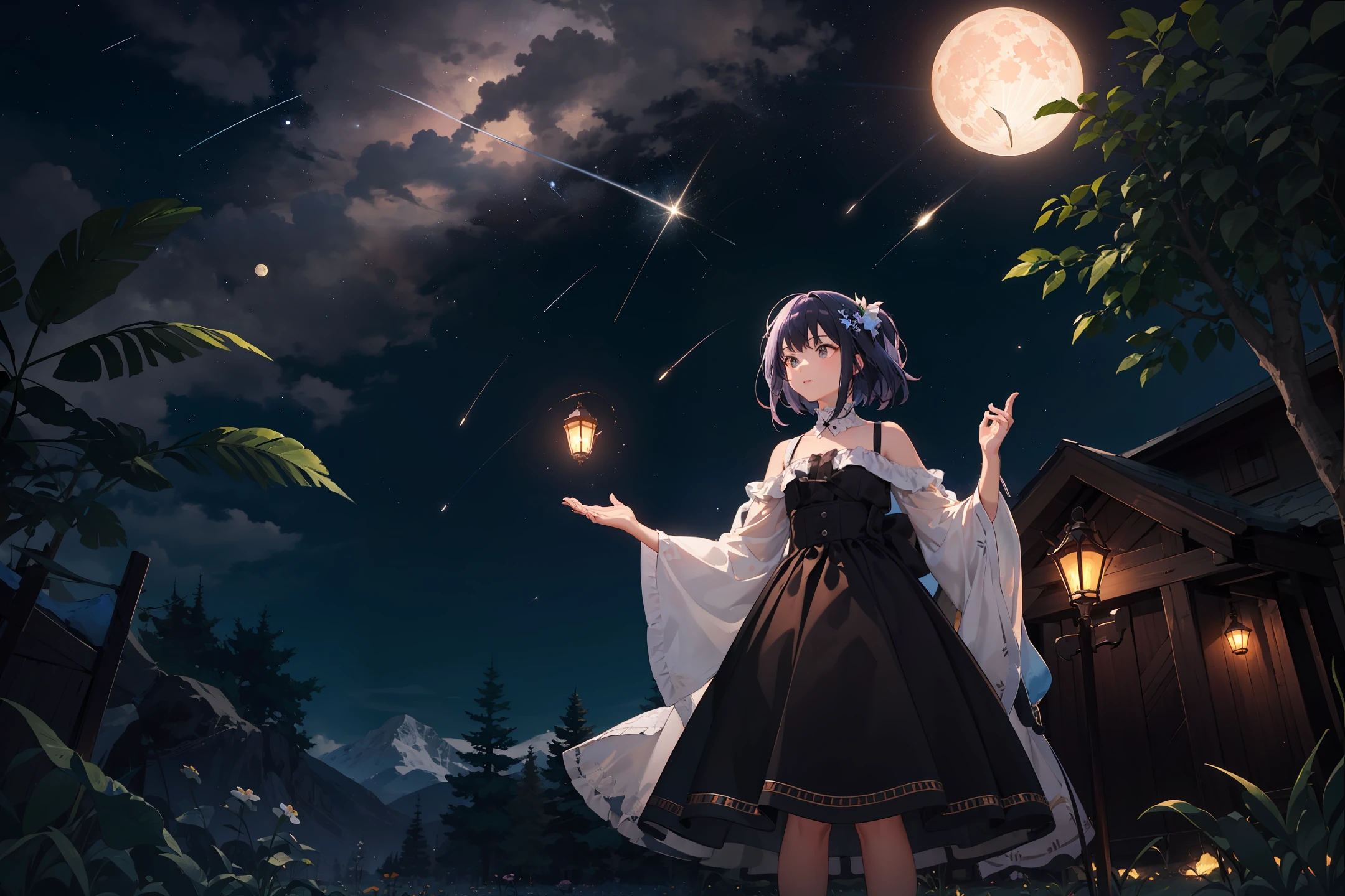 Expansive landscape photograph, (view from below with a view of the sky and the wilderness below), little girl standing in a flower field looking up, (full moon: 1.2), (shooting star: 0.9), (nebula: 1.3), distant mountain, tree break production art, (warm light source: 1.2), (firefly: 1.2), lamp, purple and orange, intricate detail, volume lighting BREAK (masterpiece: 1.2), (highest quality ), 4k, ultra-detailed, (dynamic configuration: 1.4), highly detailed and colorful details (iridescent: 1.2), (sparkling lighting, atmospheric lighting), dreamy, magical, (solo: 1.2)
