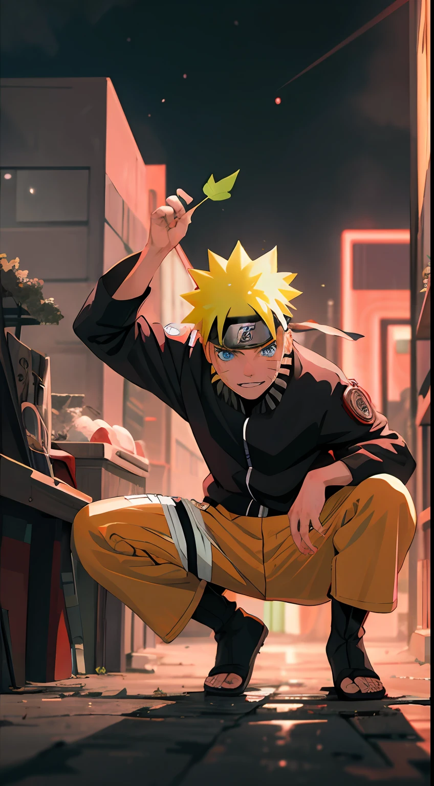 portrait, neon, 1 boy, shonen style, spiky blonde hair, scratches on cheeks, black and red clothing, leather jacket, jeans, boots, bandana with leaf symbol, perfect eyes, cool, blue eyes, full body, color --name Naruto Uzumaki --night background city with futuristic buildings and holograms