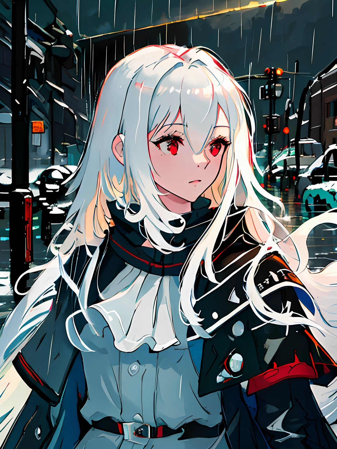 A girl, upper-body, sad face, white colored hair, black sweater top, red light neon, detailized face, a lot of details, pretty eyes
