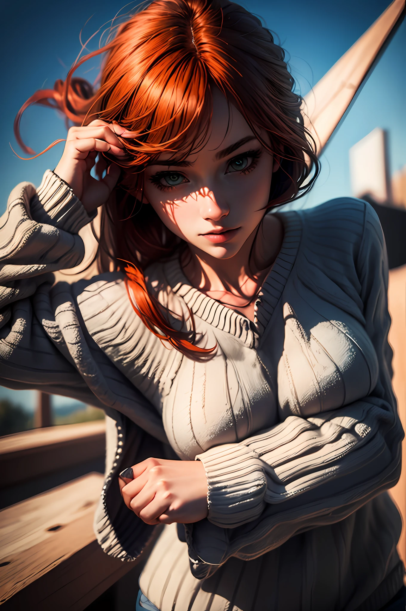 master part, ultra-detalhado, high resolution, floating, Dynamic angle, dynamic pose, 1 girl, red hair:1.3+franja, Olhos vermelhos, pullover, rosto delicado, fundo azul profundo),Fotorealista dorosto. de perto.
