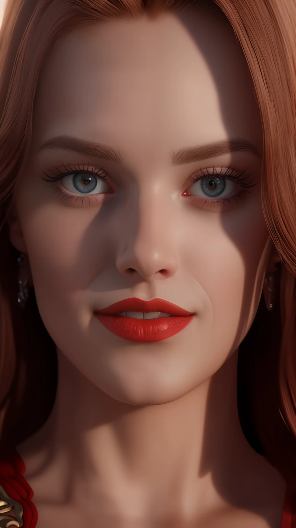 realistic light, beautiful redhead, princess, beautiful, super realistic, facing forward, blue eyes, pretty, perfect face, no wrinkles, bright face, makeup, red lipstick, smooth skin, portrait painting, rosy cheeks, top model, painting hyper-detailed, head-only portrait, detailed, composite portrait, looking at camera, blurred, 16k, 3d rendering, octane rendering, intricate detail, 8k post-production, high resolution, incredibly realistic and detailed expressions, 8k UHD, artwork raw material, ultra fine details,