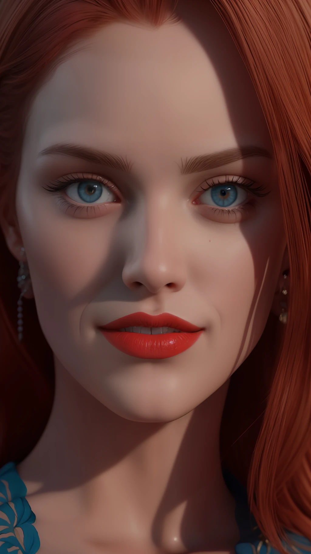 realistic light, beautiful redhead, princess, beautiful, super realistic, facing forward, blue eyes, pretty, perfect face, no wrinkles, bright face, makeup, red lipstick, smooth skin, portrait painting, rosy cheeks, top model, painting hyper-detailed, head-only portrait, detailed, composite portrait, looking at camera, blurred, 16k, 3d rendering, octane rendering, intricate detail, 8k post-production, high resolution, incredibly realistic and detailed expressions, 8k UHD, artwork raw material, ultra fine details,