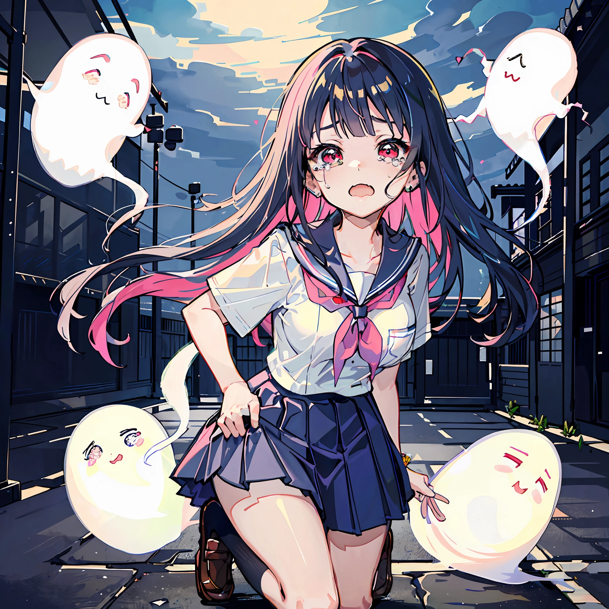 absurderes, hight resolution, (Anime style:1.1),
((masutepiece)), ((Best Quality)), (Ultra-detailed), ((Extremely detailed)), (Beautiful),
((Kawaii Girl)), (Lori:1.7), (独奏:1.7), Beautiful Face, Cute face, Scary face、(Ghost Behind:1.6)、Red eyes with girl turning around and crying with a scared face, (Beautiful detailed eyes:1.3), shiny very short pale black hair、Floating hair,Slender girl, (medium breasts:1.6)、BREAK、((Cute summer school uniform:1.6)) ,low angles, Romper、high quality background, school classrooms、(Big colorful ghost:1.8)、Shyness、Tears、Lifted skirt、(Get on your knees:1.8)