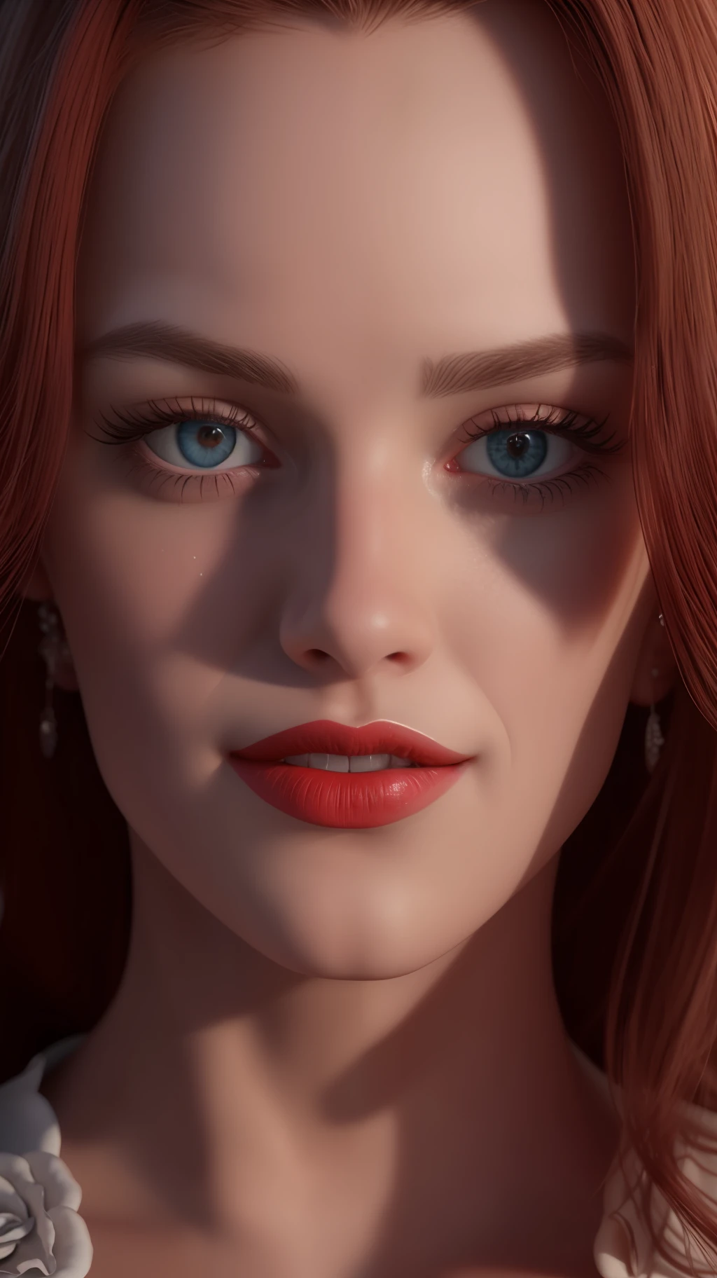 realistic light, beautiful redhead, princess, beautiful, super realistic, facing forward, blue eyes, pretty, perfect face, no wrinkles, bright face, makeup, red lipstick, smooth skin, portrait painting, rosy cheeks, top model, painting hyper-detailed, head-only portrait, detailed, composite portrait, looking at camera, blurred, 16k, 3d rendering, octane rendering, intricate detail, 8k post-production, high resolution, incredibly realistic and detailed expressions, 8k UHD, artwork raw material, ultra fine details,