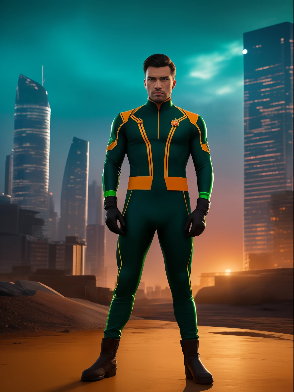 巨作, concept-art, Photorealistic, perfect head, Detailed face, Full body, Male, Marvel-style character, Brown hair, Brown eyes, green tight suit, shoulder protections, orange chest and Men's bright blue transparent G-thongs, large bulge,Stubble,Hairy Thighsorange gloves and boots, medallion with green gem, futuristic asian city background,8K,hdr,Sharp,Detailed,