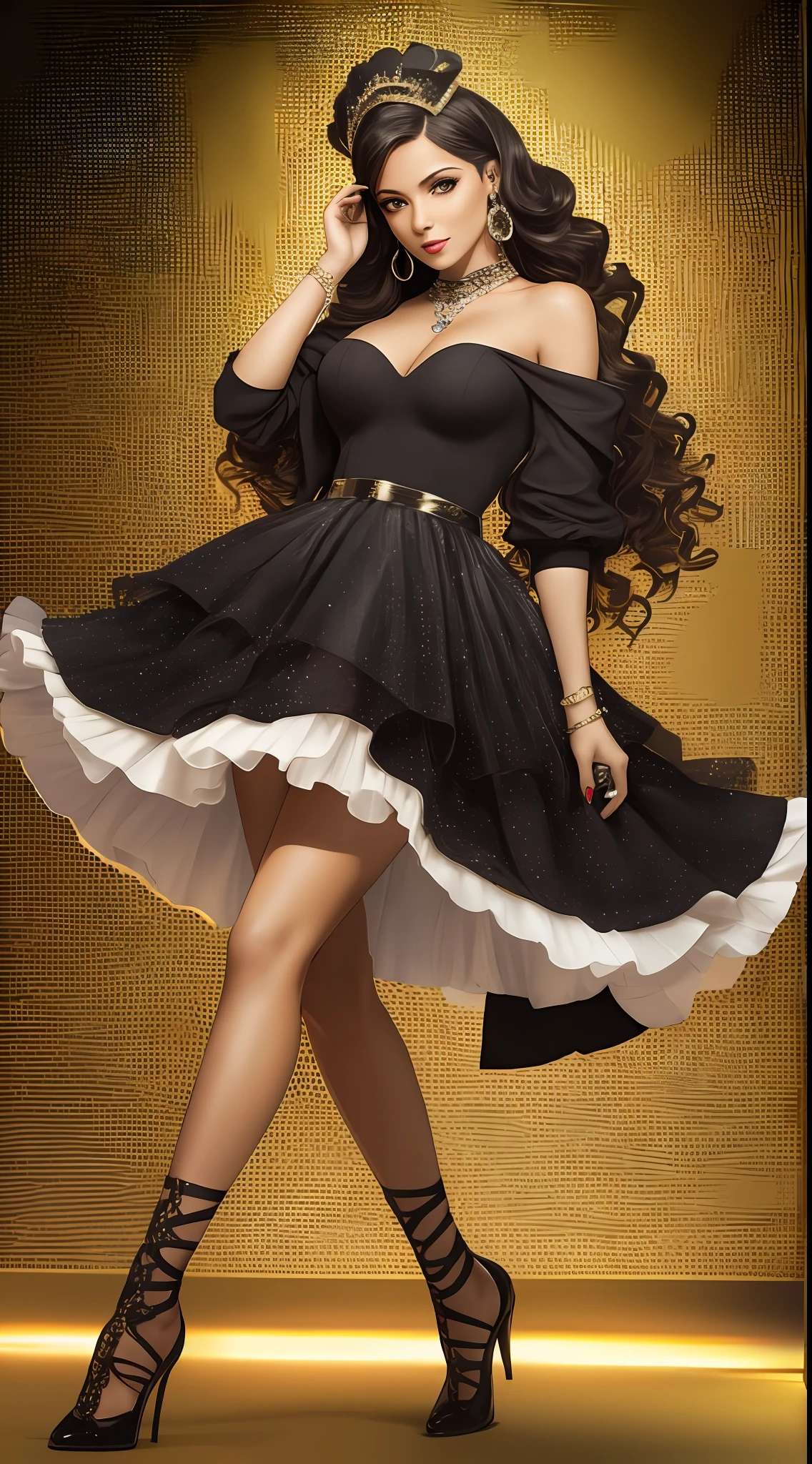 Mulher, cantora pop, garota, com microfone, glamurosa, negra, cabelos cacheados compridos, salto alto Luiz XV, corpo inteiro, moderna, roupas luxuosa, na moda, brilho e glamour
