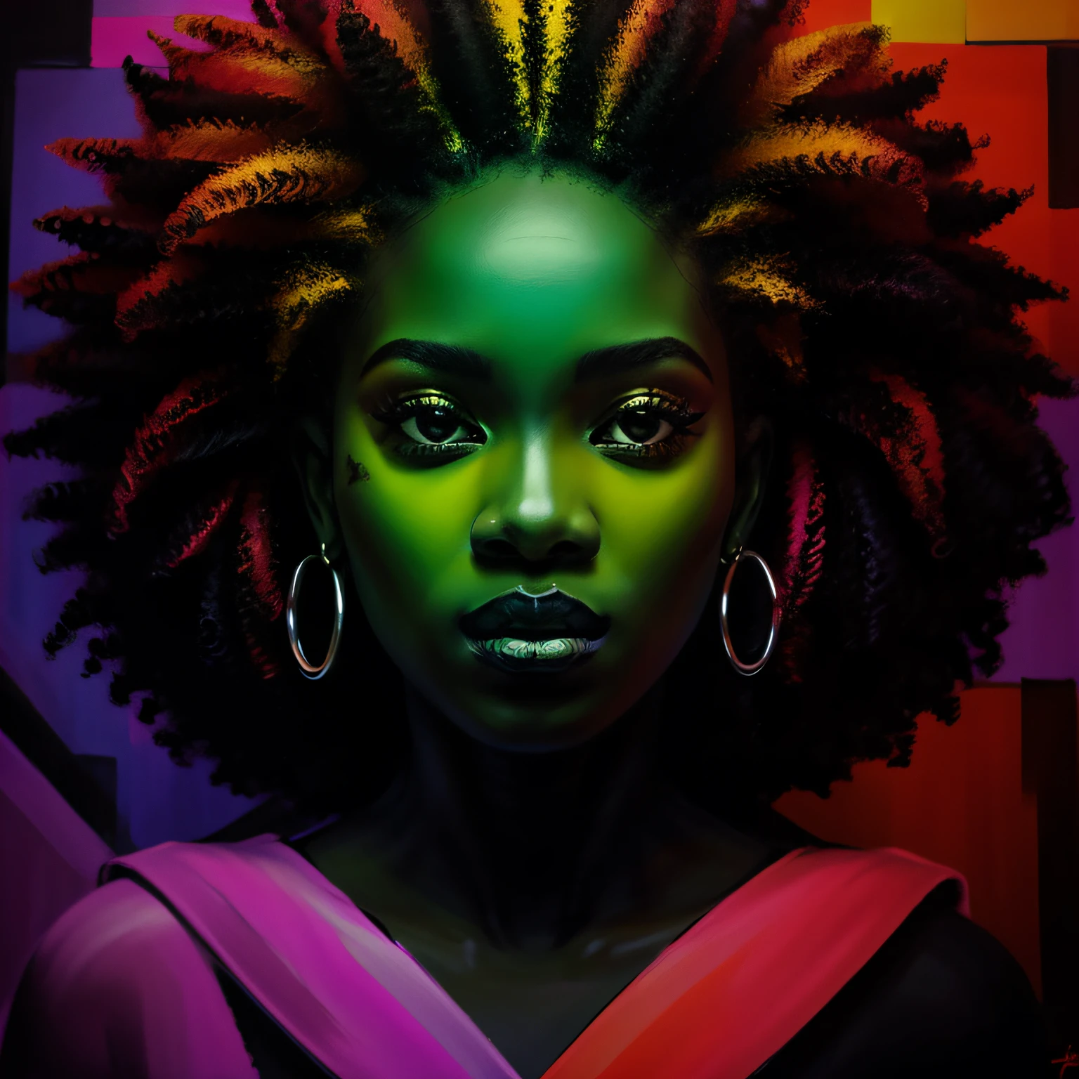 Uma imagem de uma mulher negra retratada em um estilo afrofuturista, mixing elements of science fiction and African culture. A obra de arte apresenta cores vibrantes, intricate patterns and futuristic elements, refletindo o poder e o potencial das mulheres negras. This style is suitable for a bold and visionary piece of wall art.