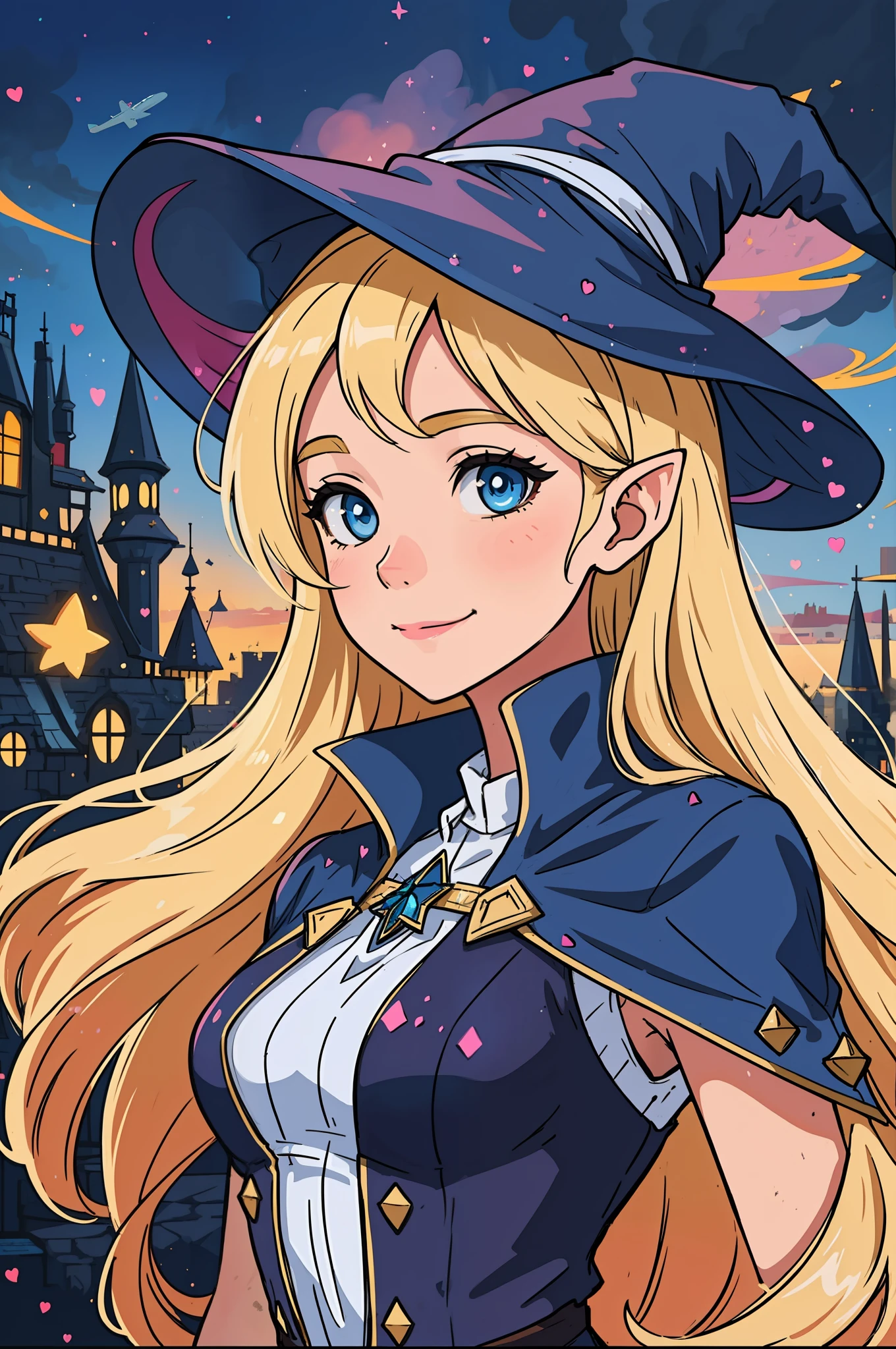 The perfect masterpiece,Highest quality,Perfect artwork,8K,Upper Body Lens,front portrait,Delicate face,Face Close-up,Watching the audience, Wizard apprentice girl,(pointy royal blue witch hat:1.3),(white star print on hat:0.8),Magical transparent eyes,(dirty blonde hair:1.2),(young:1.4),(small breasts:1.3),large eyes,happy,warm smile,slender,slim build,thin waist,(💖:1.3),Digital Art,plane illustrations,colorful illustration,minimalist style,anime cartoon style,glowing magical effects, fantasy city background, elf ears