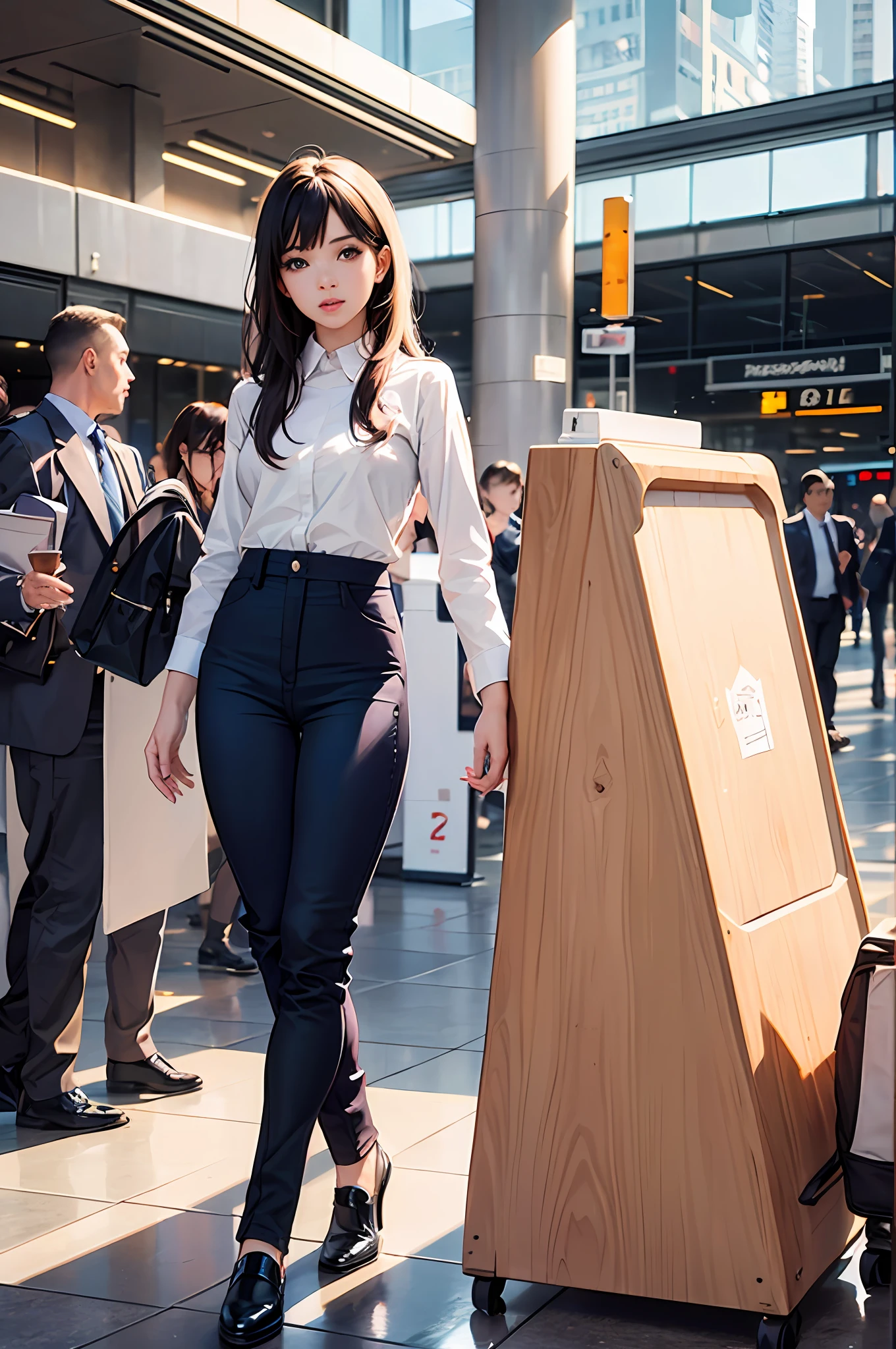 (8k, Best quality, tmasterpiece:1.2), (realisticlying, photo-realistic:1.2), 1fille, corps parfaits, petits seins, (stewardess uniform, Minijupe:1.2, Culotte), collants, jambes minces, 30ans, detailed skin, Regarder le spectateur, in the airport, marchant, ((pantalon blanc :1.5))