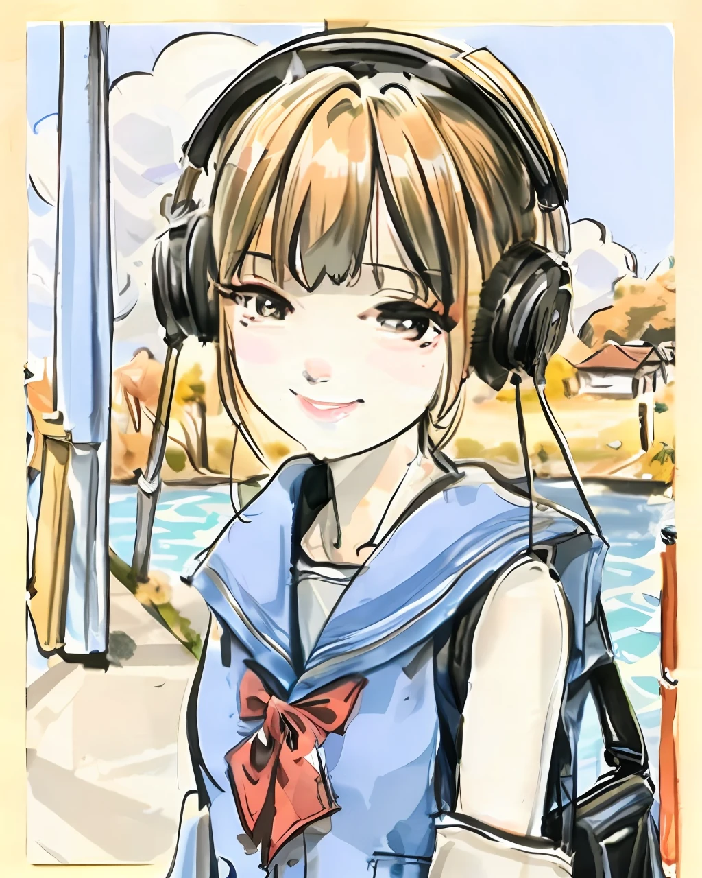 A picture of a girl holding a mobile phone and wearing headphones with a positive face anime