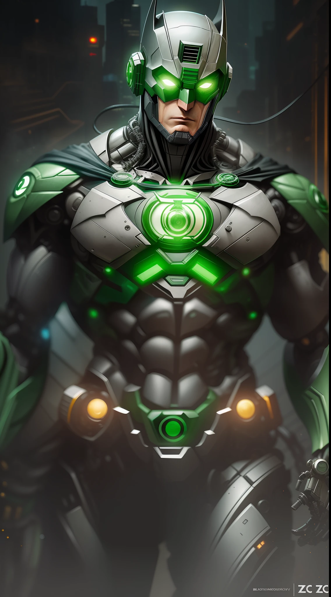 Batman Green Lantern from DC photography, biomechanical, complex robot, full height, hyper-realistic, insane small details, extremely clean lines, cyberpunk aesthetic, a masterpiece featured at Zbrush Central