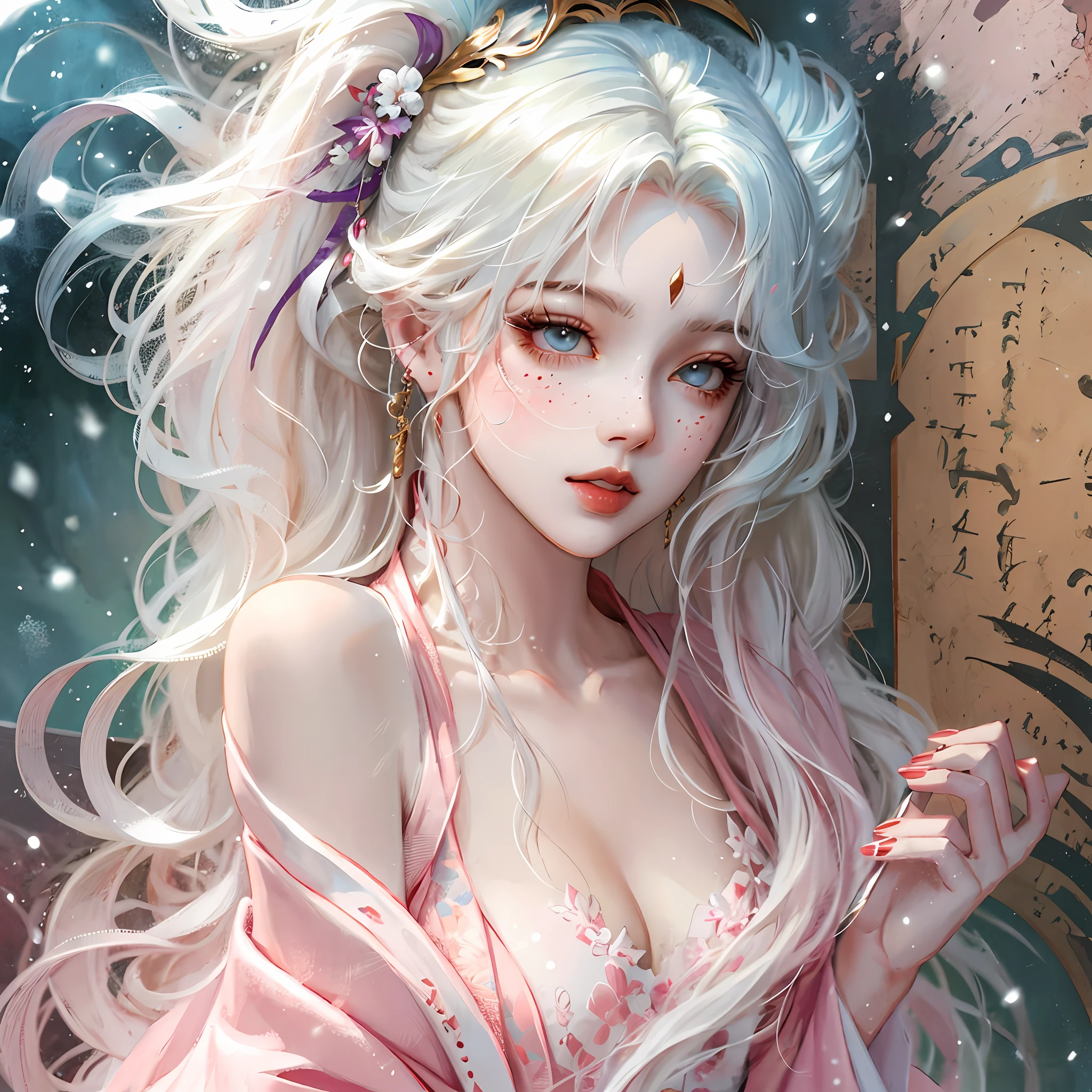anime girl with white hair and pink dress posing in front of a clock, Fantasy art style, Detailed digital anime art, Beautiful character painting, Guviz, Guweiz in Pixiv ArtStation, digital fantasy art ), anime fantasy illustration, Beautiful digital artwork, Deviantart ArtStation CGSCOSIETY, Guviz-style artwork, a beautiful anime portrait,Light blue eyes,Relatively shy