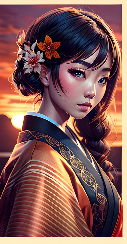 onmyoji,Japanese woman, hyper-detailing, warm tones, intricate details, volumetric, art by Iliya Kuvshinov, a glaring eyes, dvArchModern, 85 mm, f1.8, portraite of a, photo-realistic, A hyper-realistic, orange, Ultra-detailed, intrikate, dramatic, Sunset lighting, eye shadow, wide dynamic range