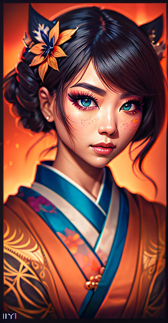 onmyoji,Japanese woman, hyper-detailing, warm tones, intricate details, volumetric, art by Iliya Kuvshinov, a glaring eyes, dvArchModern, 85 mm, f1.8, portraite of a, photo-realistic, A hyper-realistic, orange, Ultra-detailed, intrikate, dramatic, Sunset lighting, eye shadow, wide dynamic range