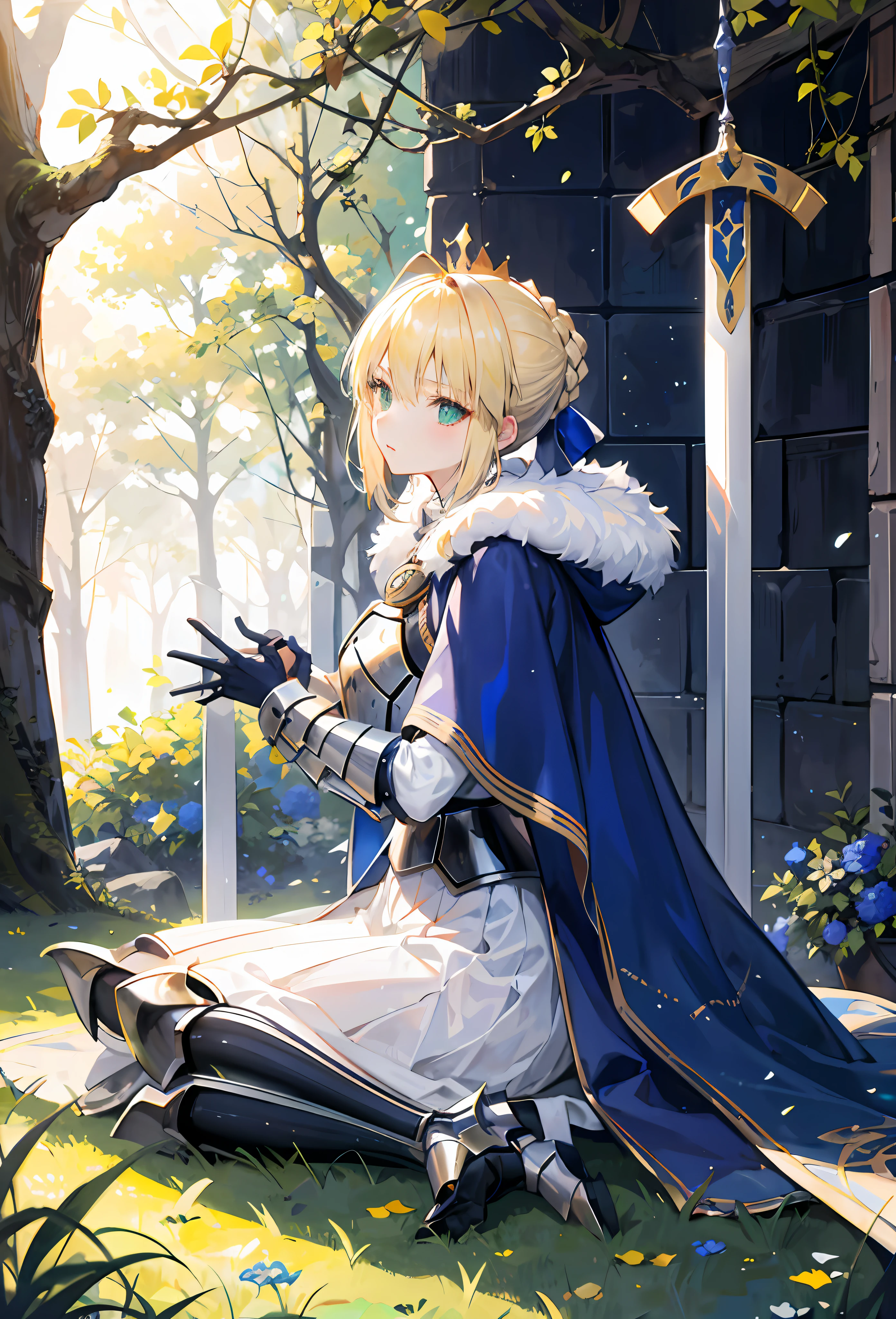1girll，Artoria，king arthur，saber，King of Britain，FATE series，Knight King，medieval times，((Bright blonde hair))，Sit on grass，ln the forest，Serious expression，Majesty，(Arms hang naturally at your sides)，Heavy sterling silver armor，Sterling silver leg armor，Sterling silver armour，Dark blue heavy cape，Fur edges，Huge dark blue round battle skirt，Gold lace，Coiled hair，Poor milk，Green eyes，Solitude，A half body，(超高分辨率)，(Ultra-high sharpness)，tmasterpiece，品质最佳，