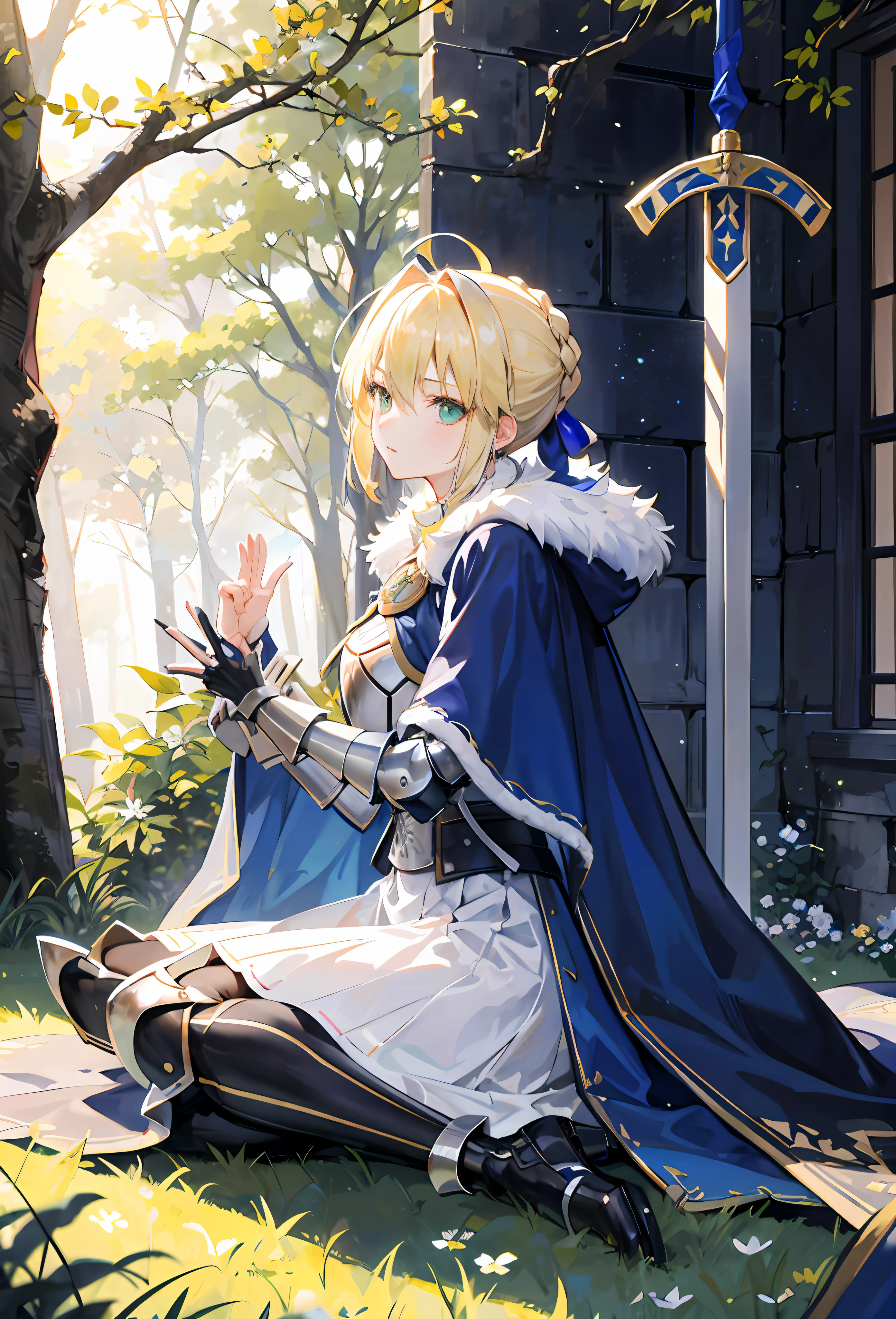 1girll，Artoria，king arthur，saber，King of Britain，FATE series，Knight King，medieval times，((Bright blonde hair))，Sit on grass，ln the forest，Serious expression，Arms hang naturally at your sides，Heavy sterling silver armor，Sterling silver leg armor，Sterling silver armour，Dark blue heavy cape，Fur edges，Huge dark blue round battle skirt，Gold lace，Coiled hair，Poor milk，Green eyes，Solitude，A half body，(超高分辨率)，(Ultra-high sharpness)，tmasterpiece，品质最佳，