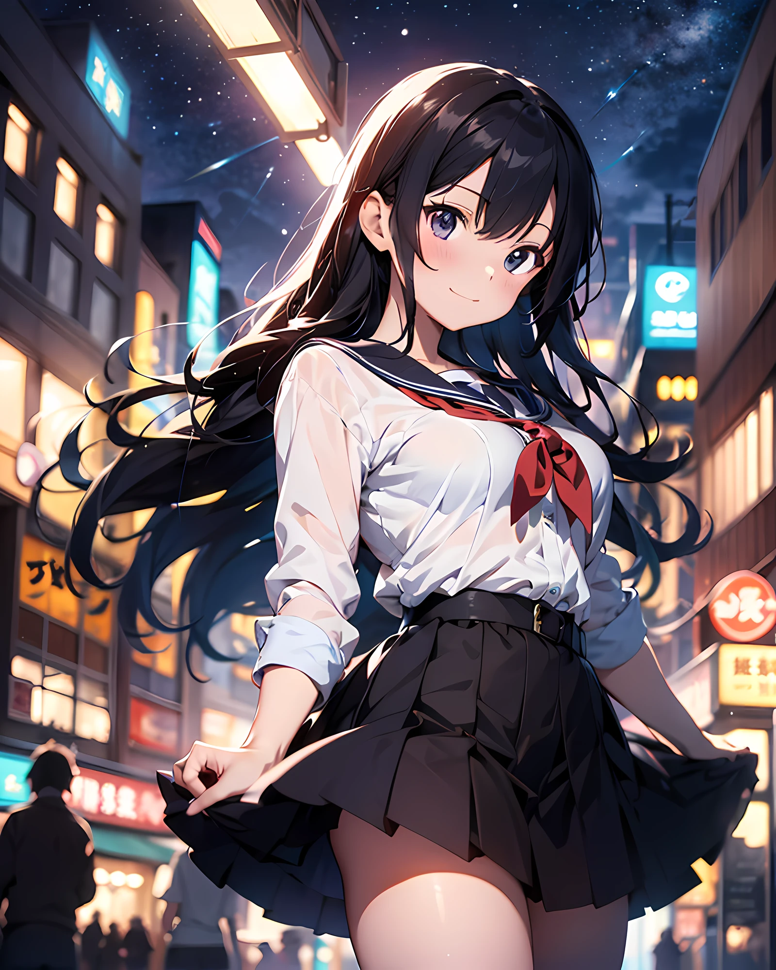 anime style illustration, highres, ultra detailed, (1girl:1.3), (dynamic pose):1.0 BREAK, cowboy shot, 1 extremely beautiful and glamorous school idol at school room, wearing a sailor shirt and a knee-length long pleats skirt, black stockings, BREAK, she has black wavy two-side-up hair style, gigantic-breasted, light smile, happy, wind, 8 life size, detailed clothes, detailed body, detailed arms, human hands, detailed hands, blush, light smile, looking the viewer, facing the viewer, sexy model posing, extremely leaning forward against the viewer, Lights are lit around the street and stars are shining in the sky, studio soft light, cinematic light, detailed background, realistic, ultra-realistic, masterpiece, 32k ultra-sharp image, Japanese anime waifu, concept art by Kyoto animation, Makoto Shinkai,