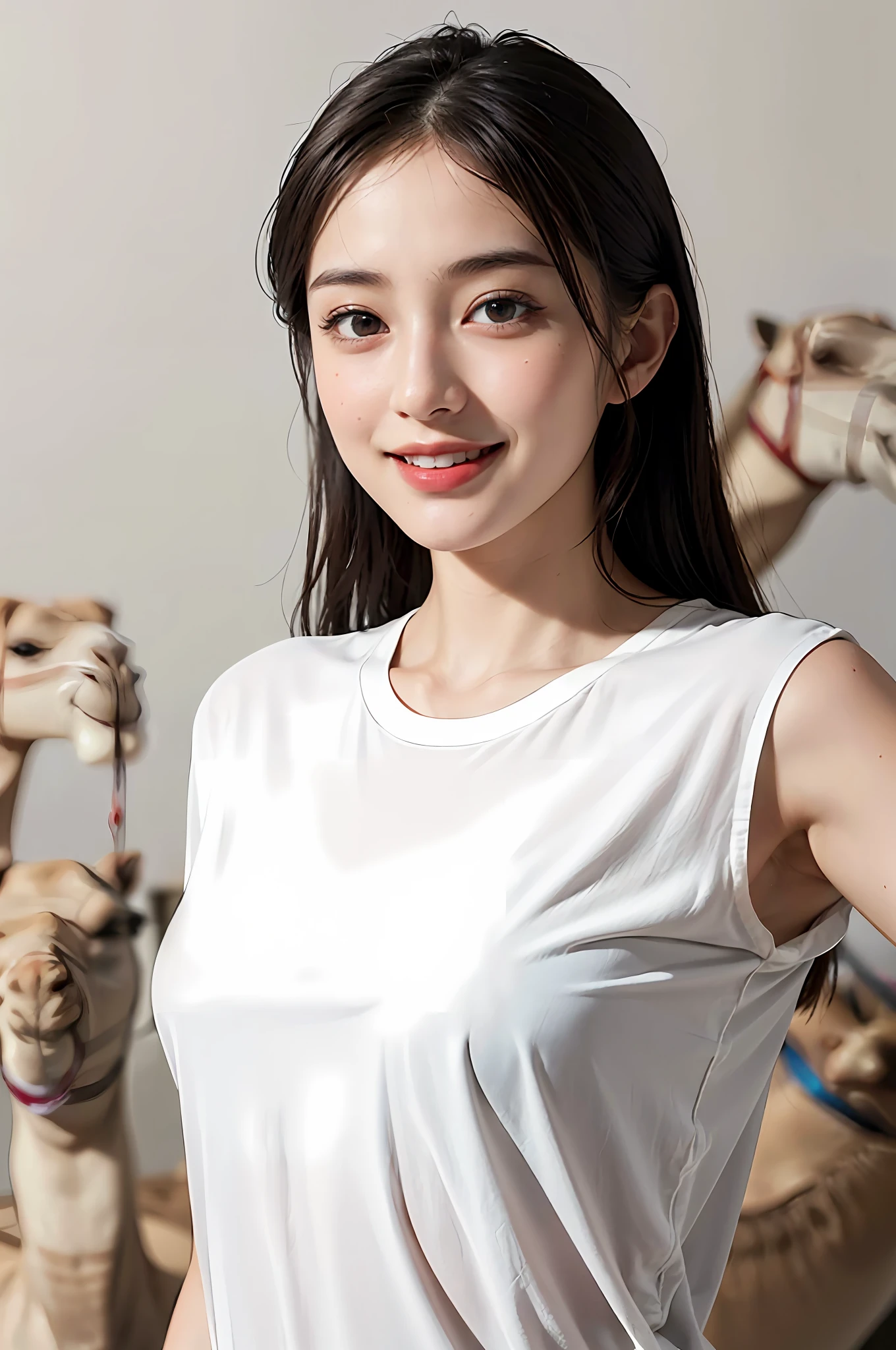 (Ultra Realistic), (Illustration), (High Resolution), (8K), (Very Detailed), (Best Illustration), (Beautiful Detailed Eyes), (Best Quality), (Ultra Detailed), (Masterpiece), (Wallpaper), (Detailed Face), Night, Upper Body Up,Armpits, Smile,Plump,Solo,Simple White T-Shirt Girl, Sweaty, Japan Person, Big, (Camel Toe)