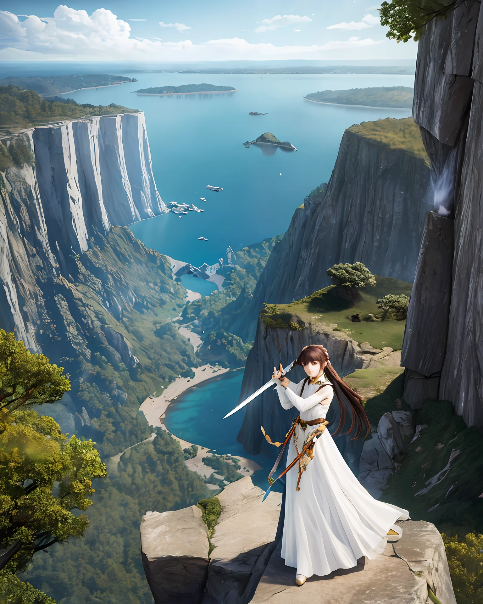 One holds a two-handed sword,On a cliff,Girl in white