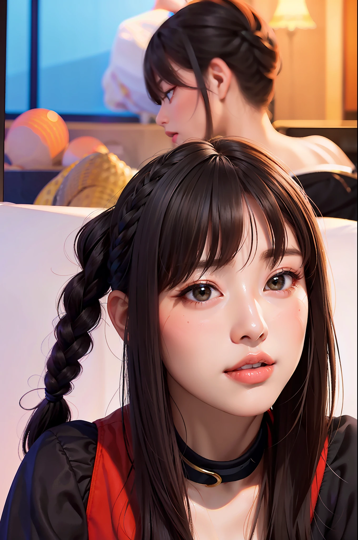 "((obra-prima)), melhor qualidade, ultra detalhado, Incredibly beautiful illustration, corpo atletico, seios grandes, jaqueta de couro branca, black braid hair, fundo escuro."