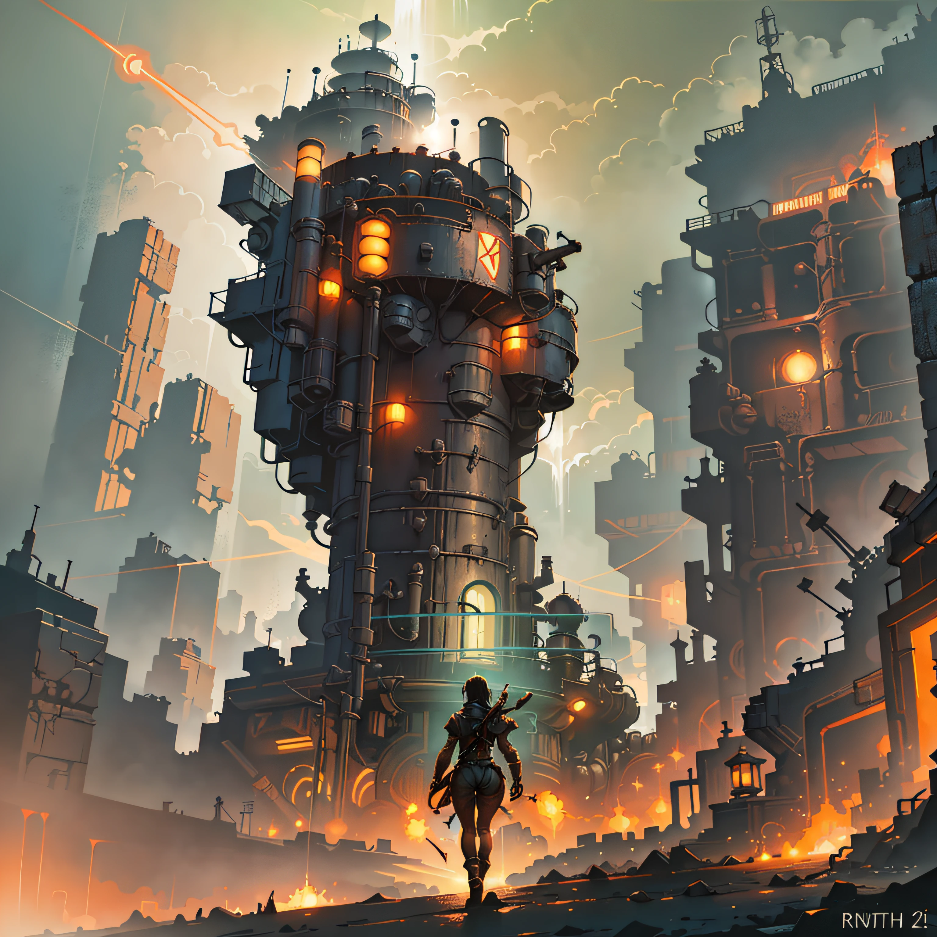Un dibujo surrealista de un apocalipsis nuclear. La escena muestra una gran ciudad en ruinas, con edificios derrumbados y calles llenas de escombros. The sky is dark and cloudy, and the air is full of smoke and ashes. In the midst of destruction, There is a group of small and helpless people. They are helpless and scared, and they don't know what to do. The image is a grim and hopeful representation of the power of nuclear destruction.., UHD, masterpiece, super detail --auto